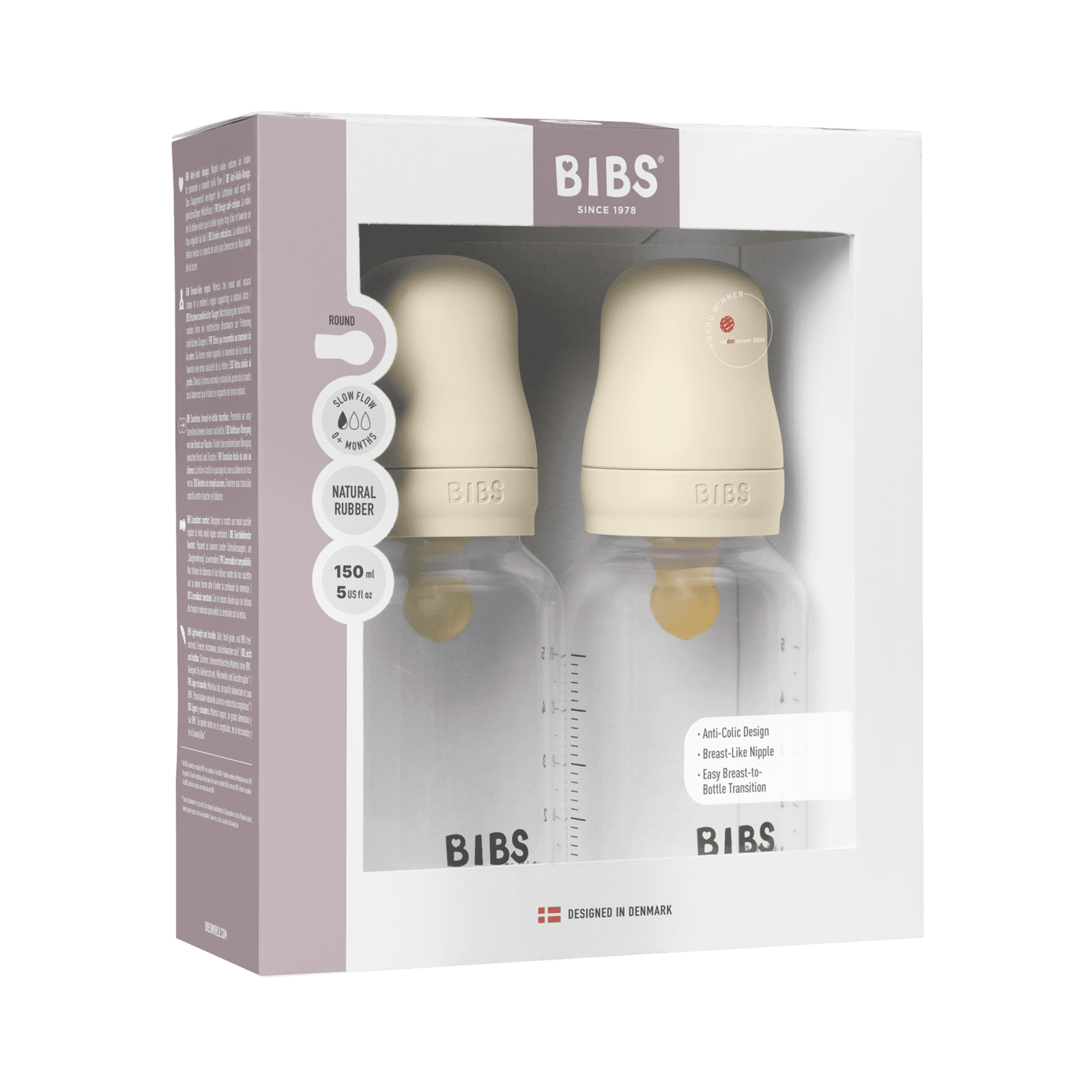 BIBS Baby Bottle Round Latex Slow Flow Ivory 150 ml 2-pack