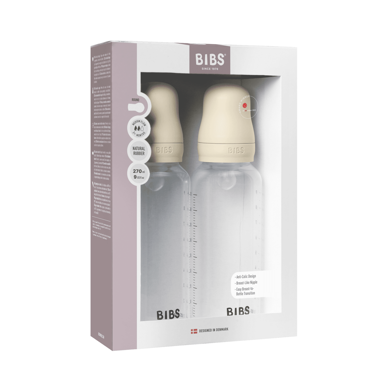 BIBS Baby Bottle Round Silicone Medium Flow Ivory 270 ml 2-pack
