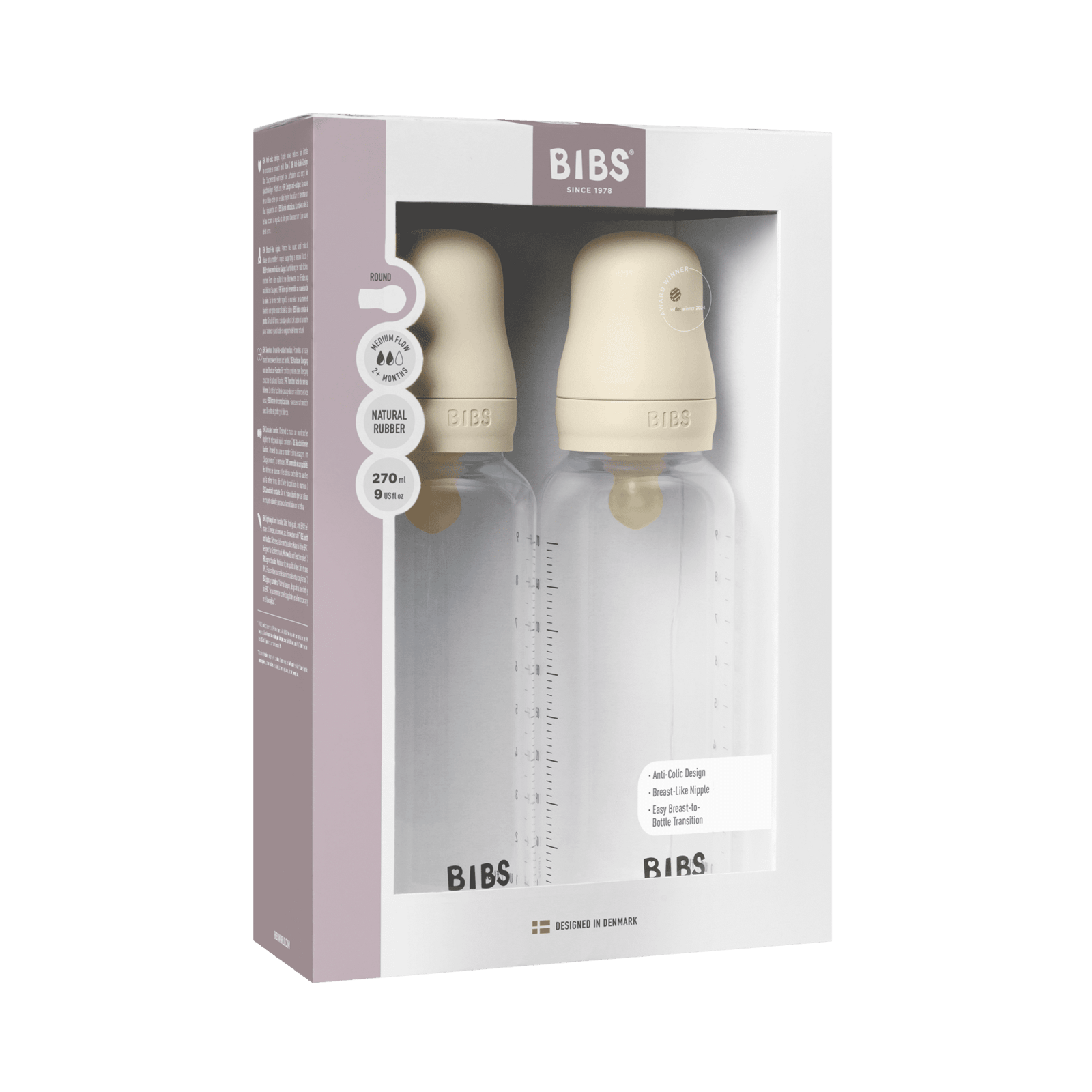 BIBS Baby Bottle Round Latex Medium Flow Ivory 270 ml 2-pack