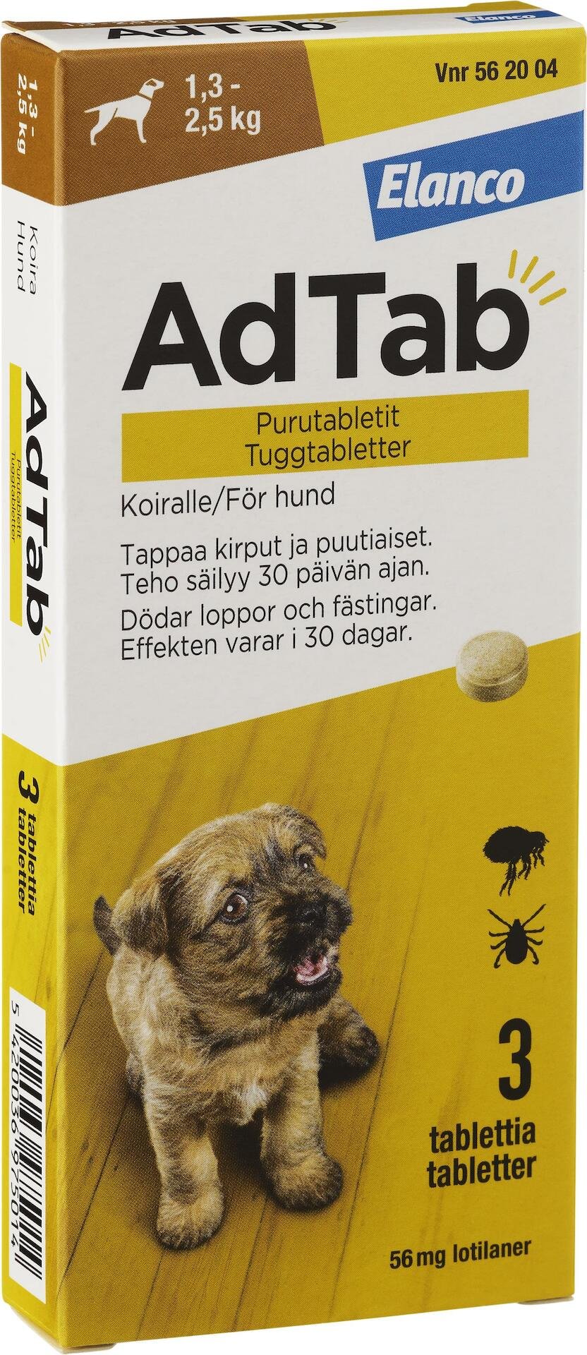 AdTab 56mg Fästingmedel Hund 1,3-2,5kg 3 tuggtabletter