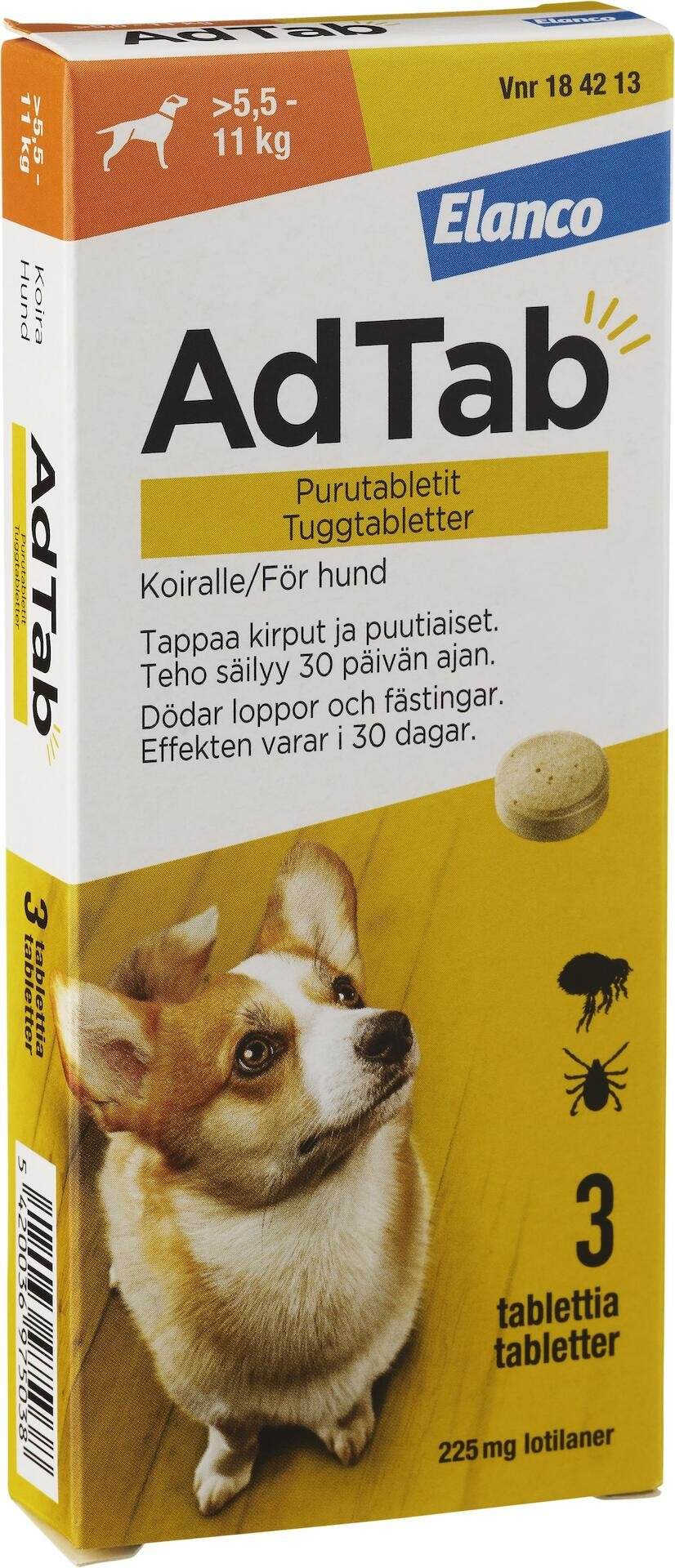 AdTab 225mg Fästingmedel Hund 5,5-11kg 3 tuggtabletter