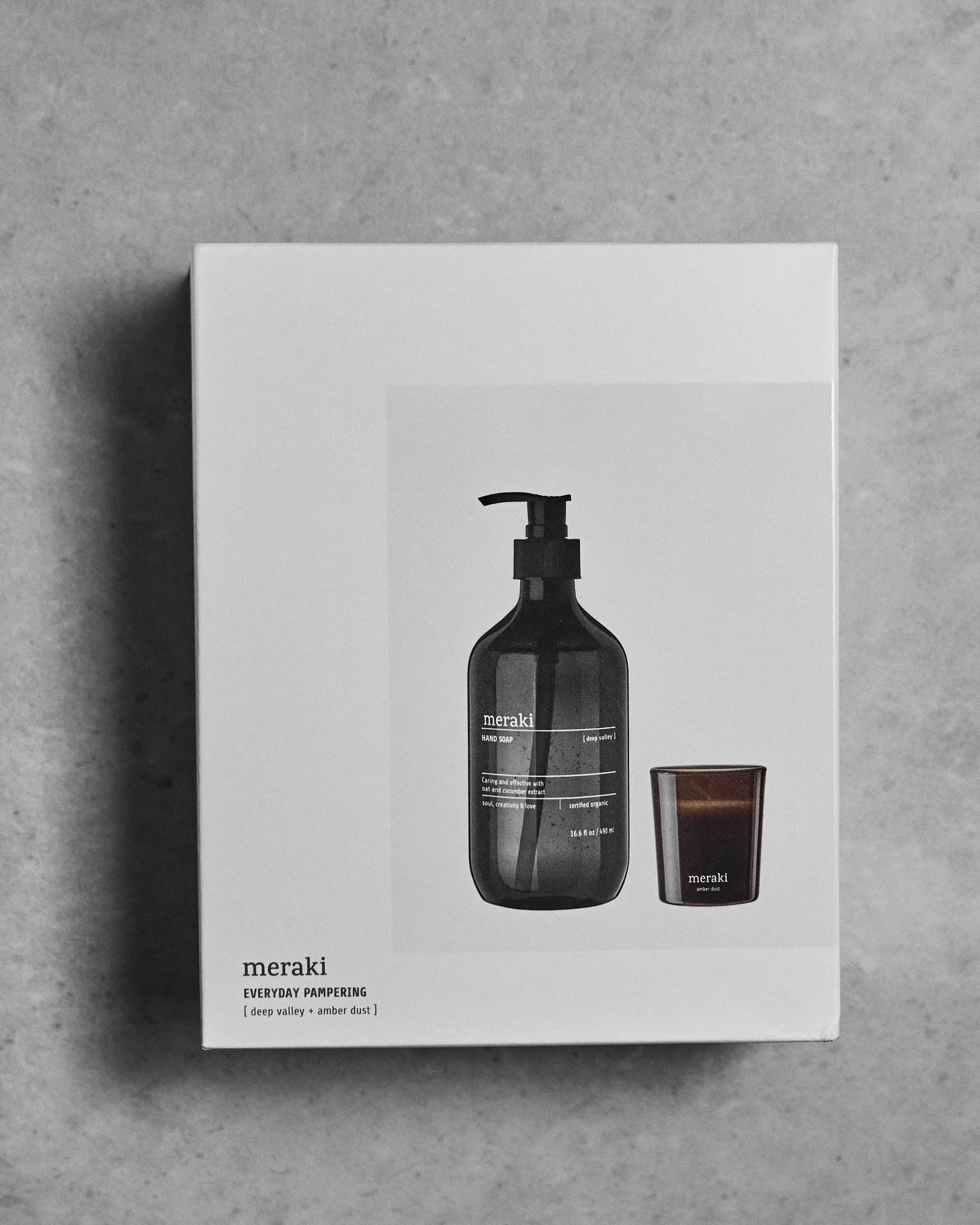 Meraki Presentask Deep Valley Hand Soap + Doftljus Amber Dust 490 ml/60 g