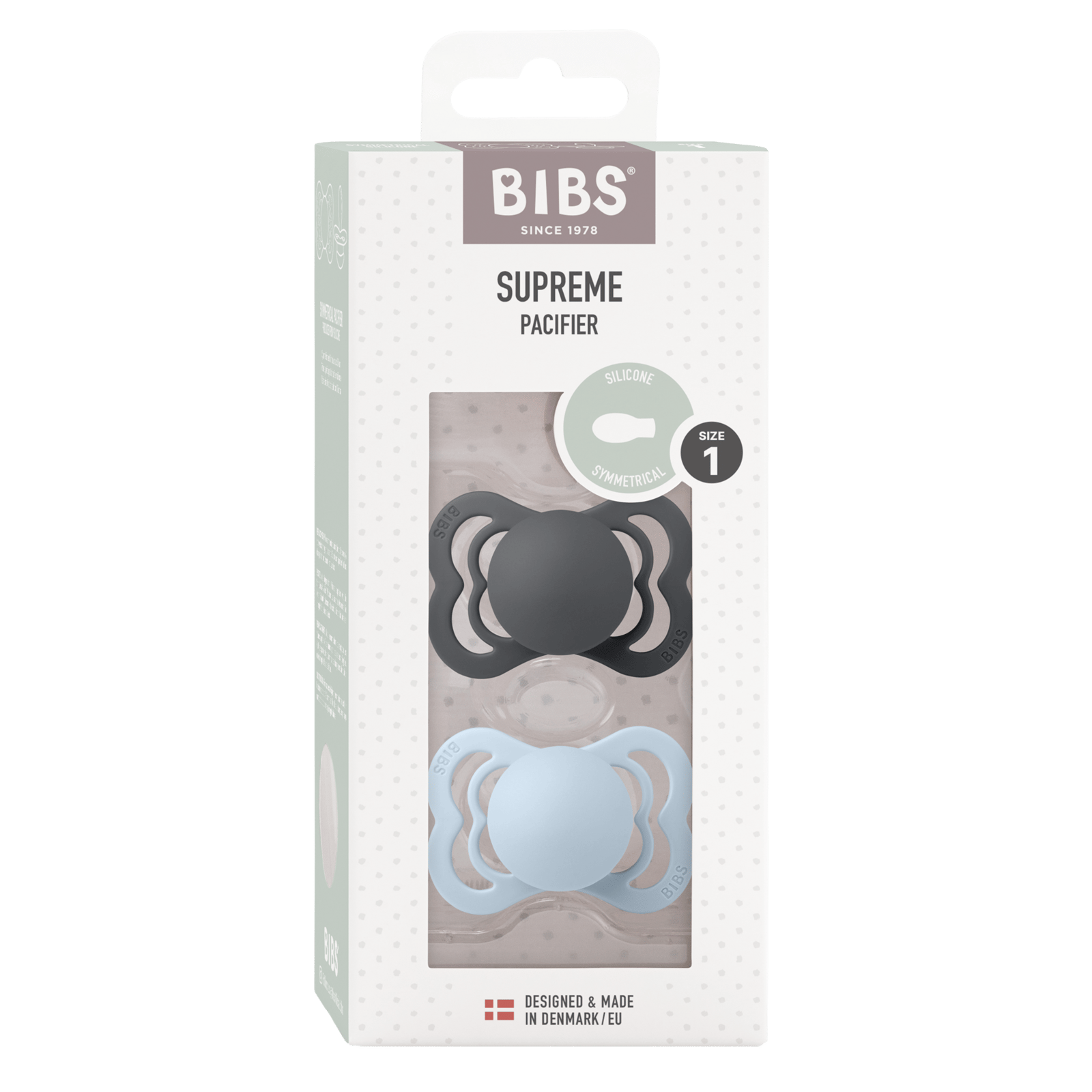 BIBS Supreme Silicone 0+ månader Size 1 Iron/Baby Blue 2 st