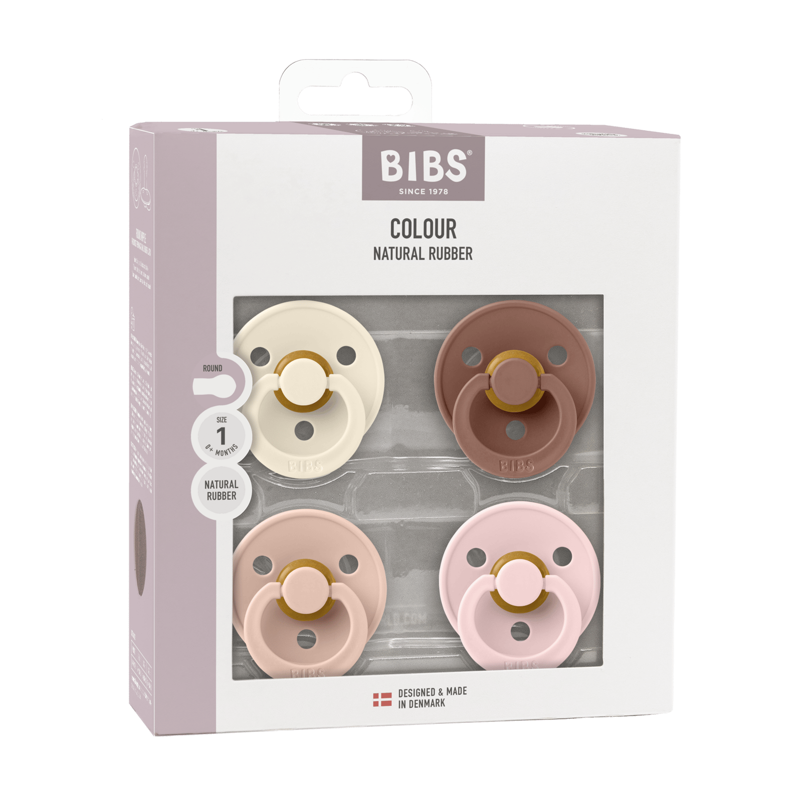 BIBS Pacifier Colour Latex 0+ månader Size 1 Ivory/Blush/Woodchuck/Blossom 4 st