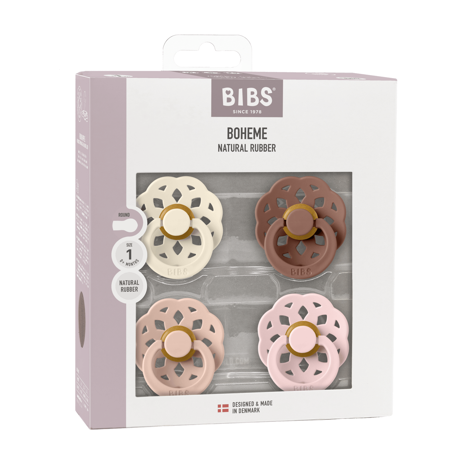 BIBS Pacifier Boheme Latex 0+ månader Size 1 Ivory/Blush/Woodchuck/Blossom 4 st