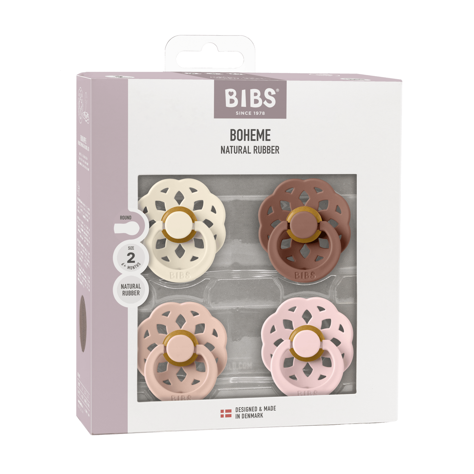 BIBS Pacifier Boheme Latex 6+ månader Size 2 Ivory/Blush/Woodchuck/Blossom 4 st