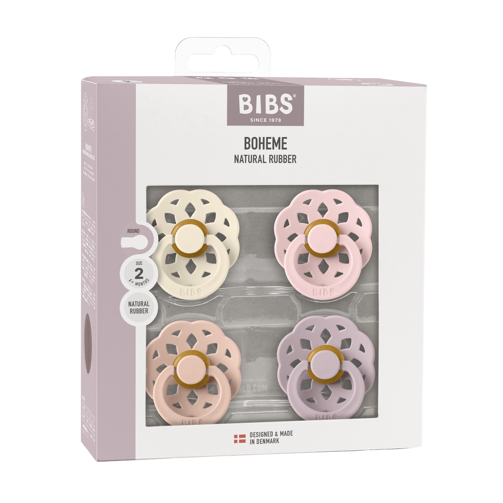 BIBS Pacifier Boheme Latex 6+ månader Size 2 Ivory/Blush/Blossom/Dusky Lilac 4 st