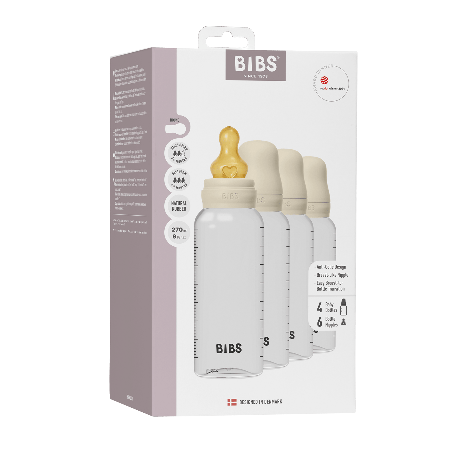 BIBS Baby Bottle Round Latex Ivory 270 ml 4 st