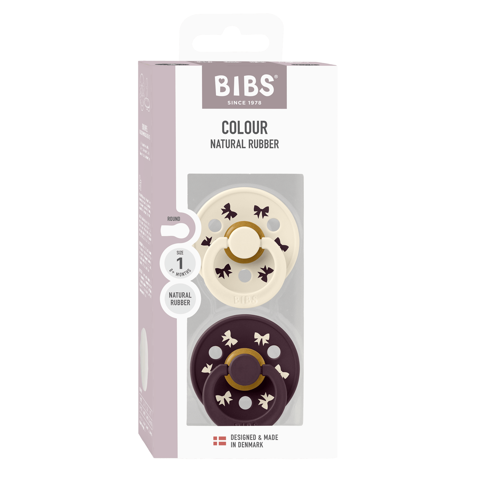 BIBS Pacifier Colour Holiday Bow Latex 0+ Månader Size 1 Ivory/Plum 2 st