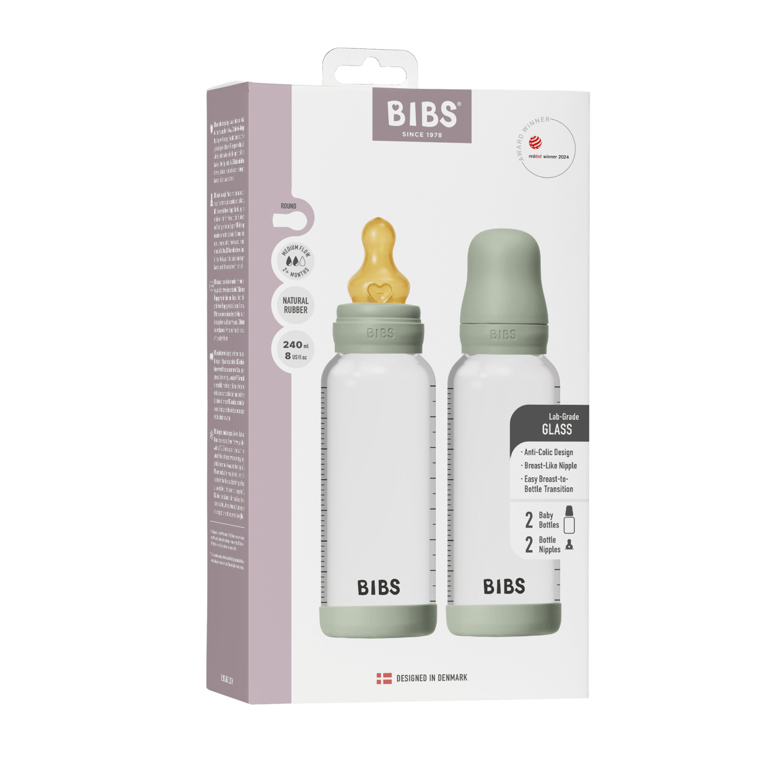 BIBS Glass Baby Bottle Round Latex Medium Flow Sage 240 ml 2 st