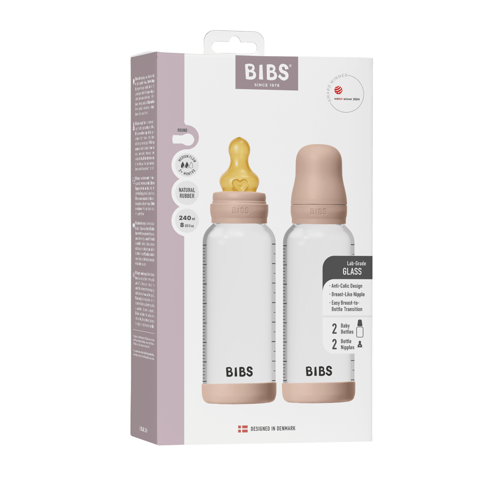 BIBS Glass Baby Bottle Round Latex Medium Flow Blush 240 ml 2 st