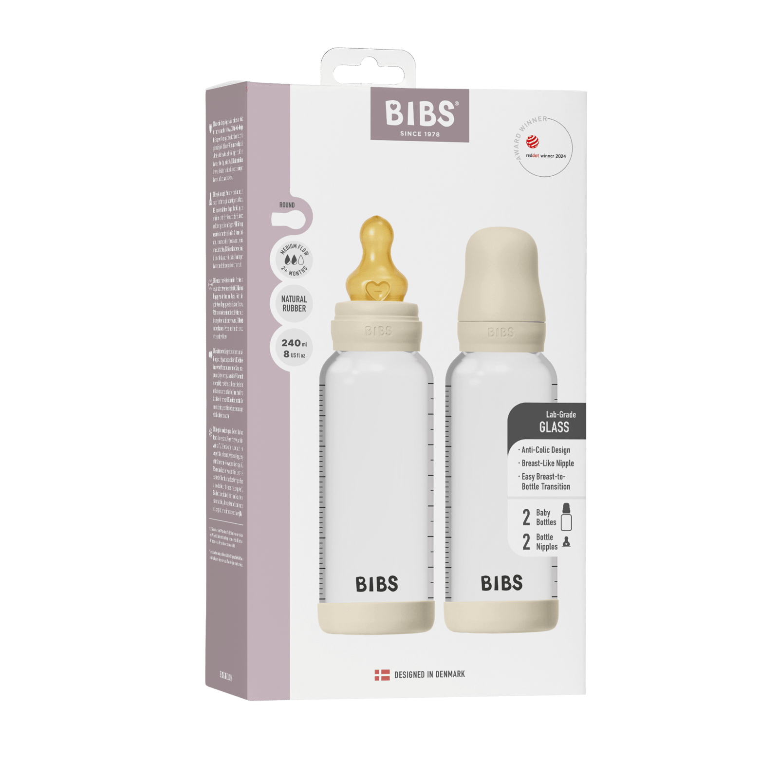 BIBS Glass Baby Bottle Round Latex Medium Flow Ivory 240 ml 2 st