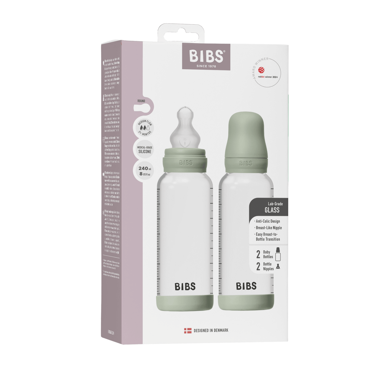 BIBS Glass Baby Bottle Round Silicone Medium Flow Sage 240 ml 2 st