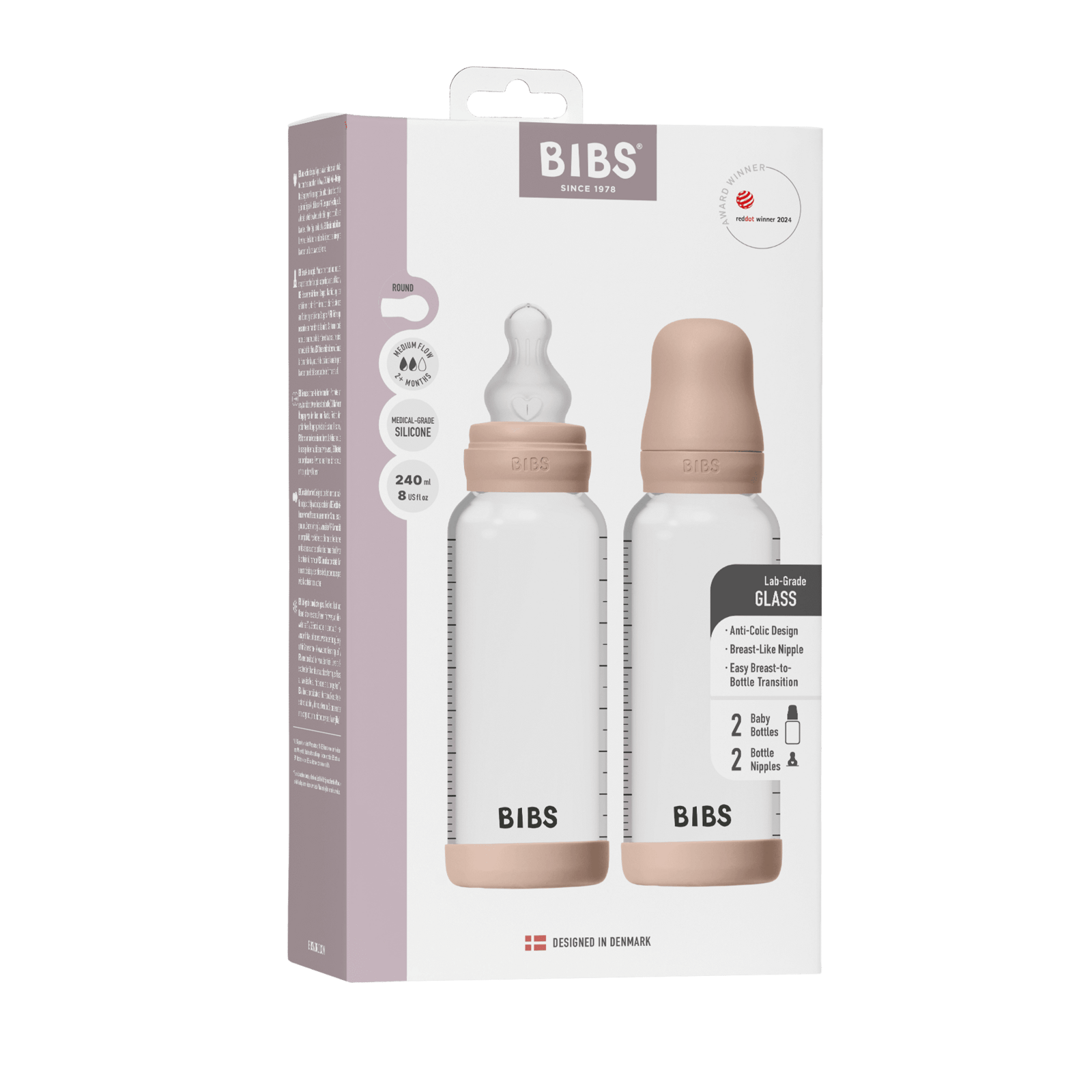 BIBS Glass Baby Bottle Round Silicone Medium Flow Blush 240 ml 2 st