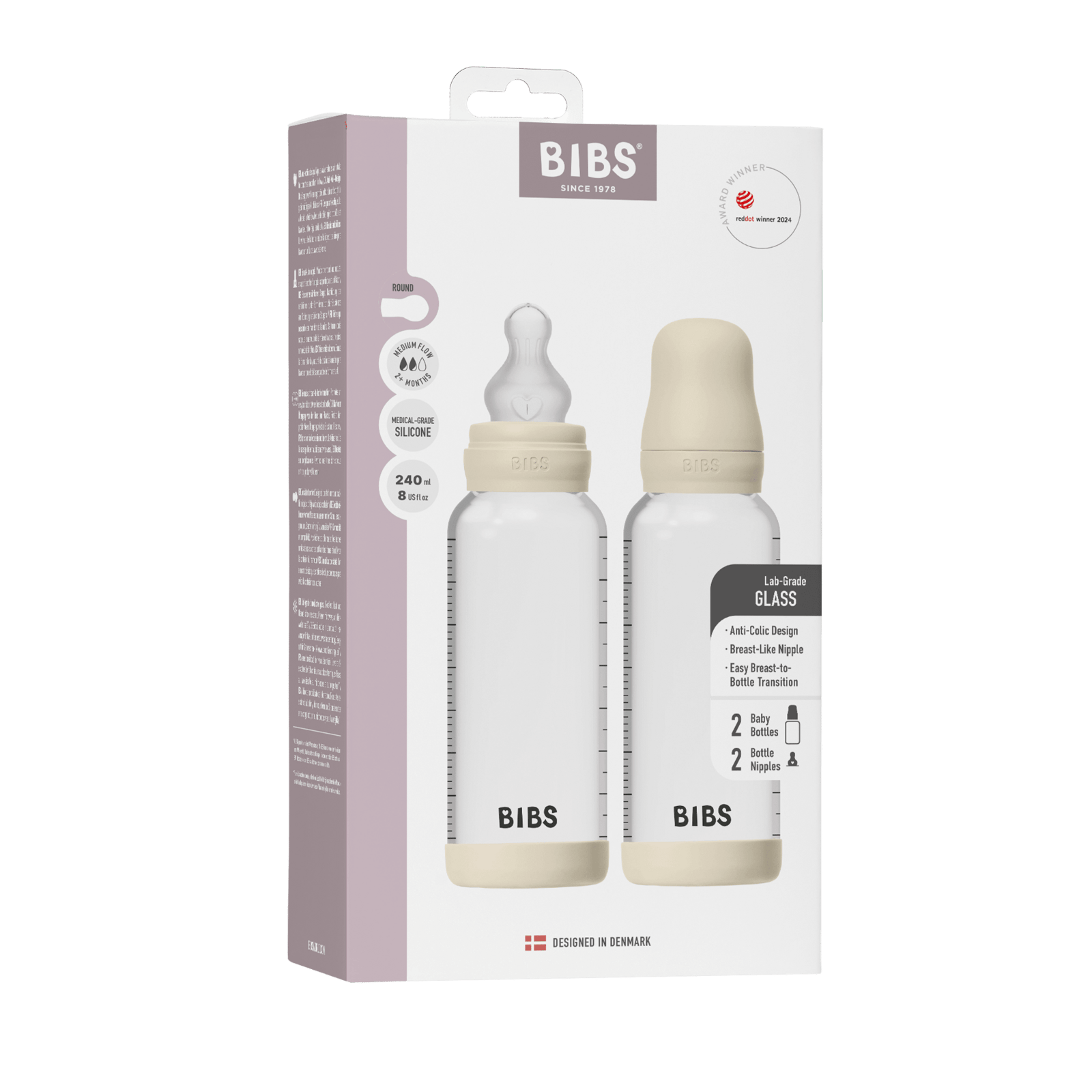 BIBS Glass Baby Bottle Round Silicone Medium Flow Ivory 240 ml 2 st