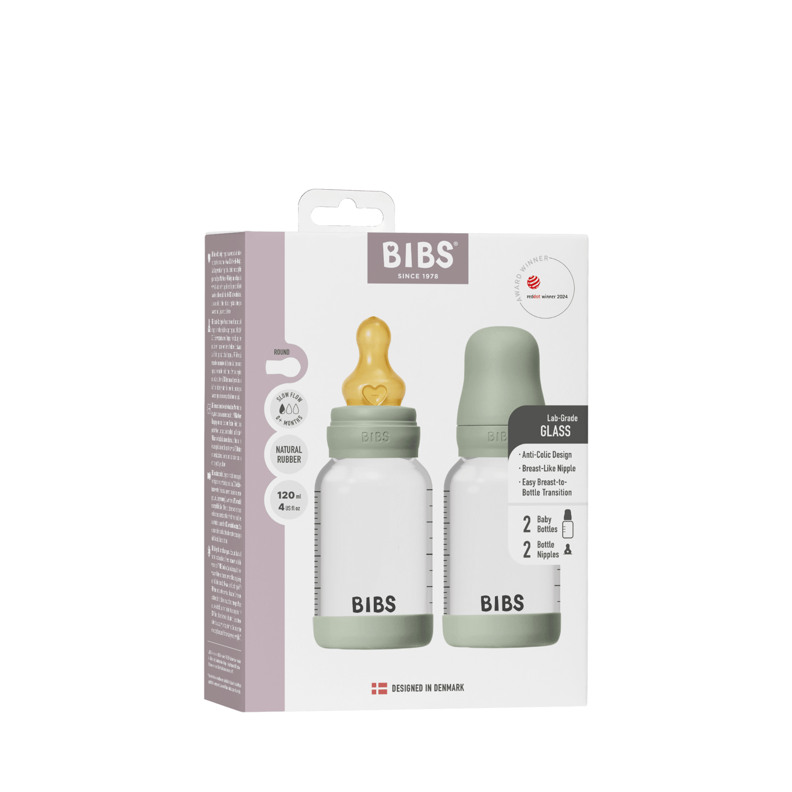 BIBS Glass Baby Bottle Round Latex Slow Flow Sage 120 ml 2 st