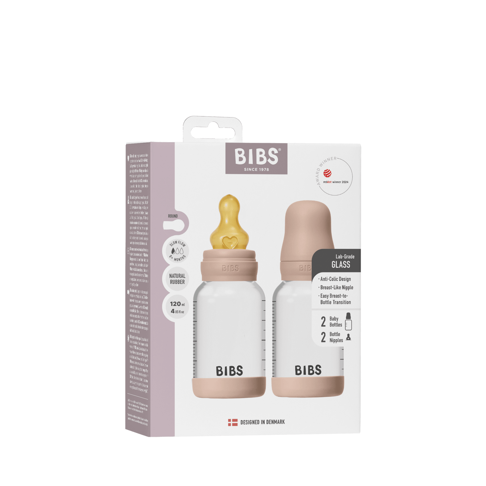 BIBS Glass Baby Bottle Round Latex Slow Flow Blush 120 ml 2 st