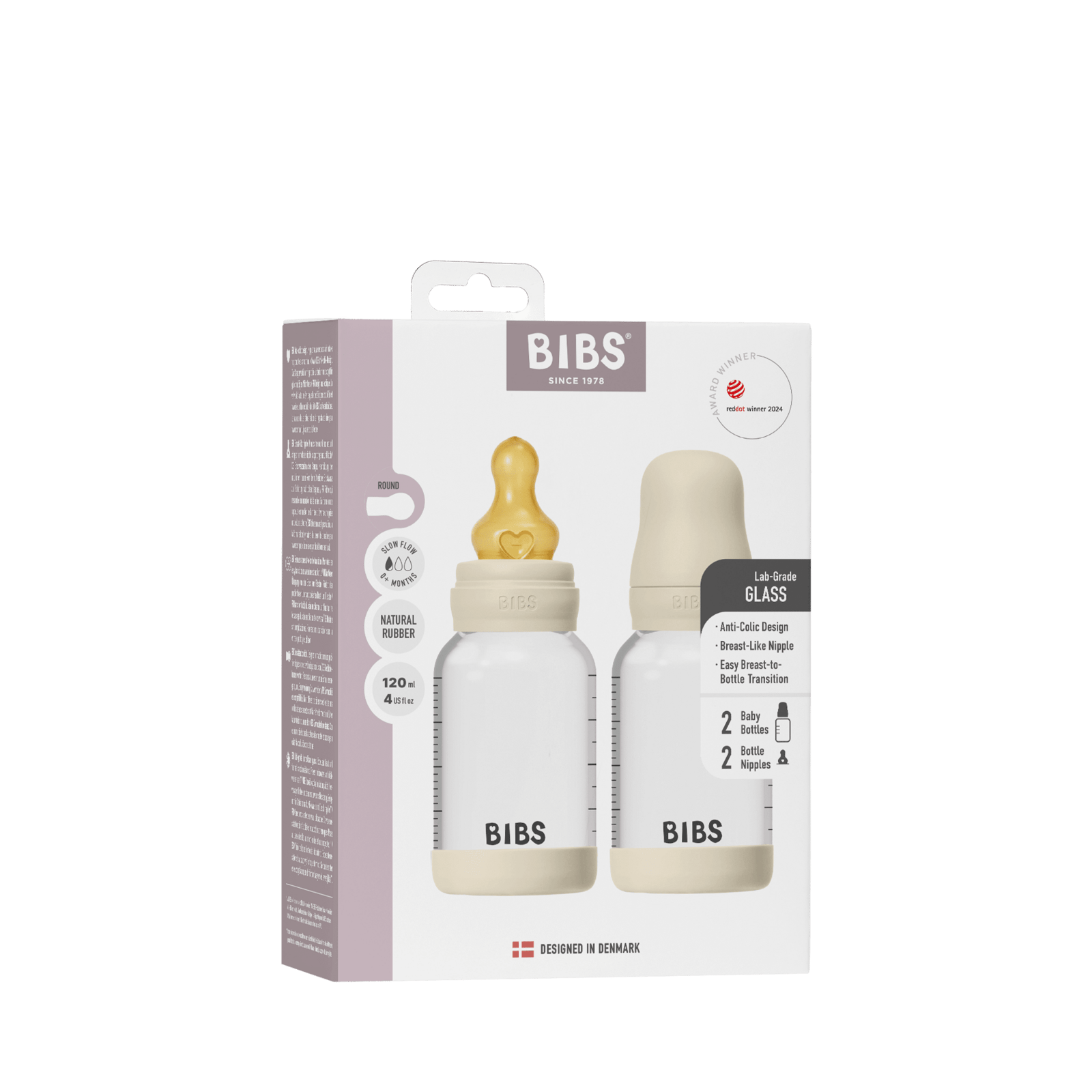 BIBS Glass Baby Bottle Round Latex Slow Flow Ivory 120 ml 2 st