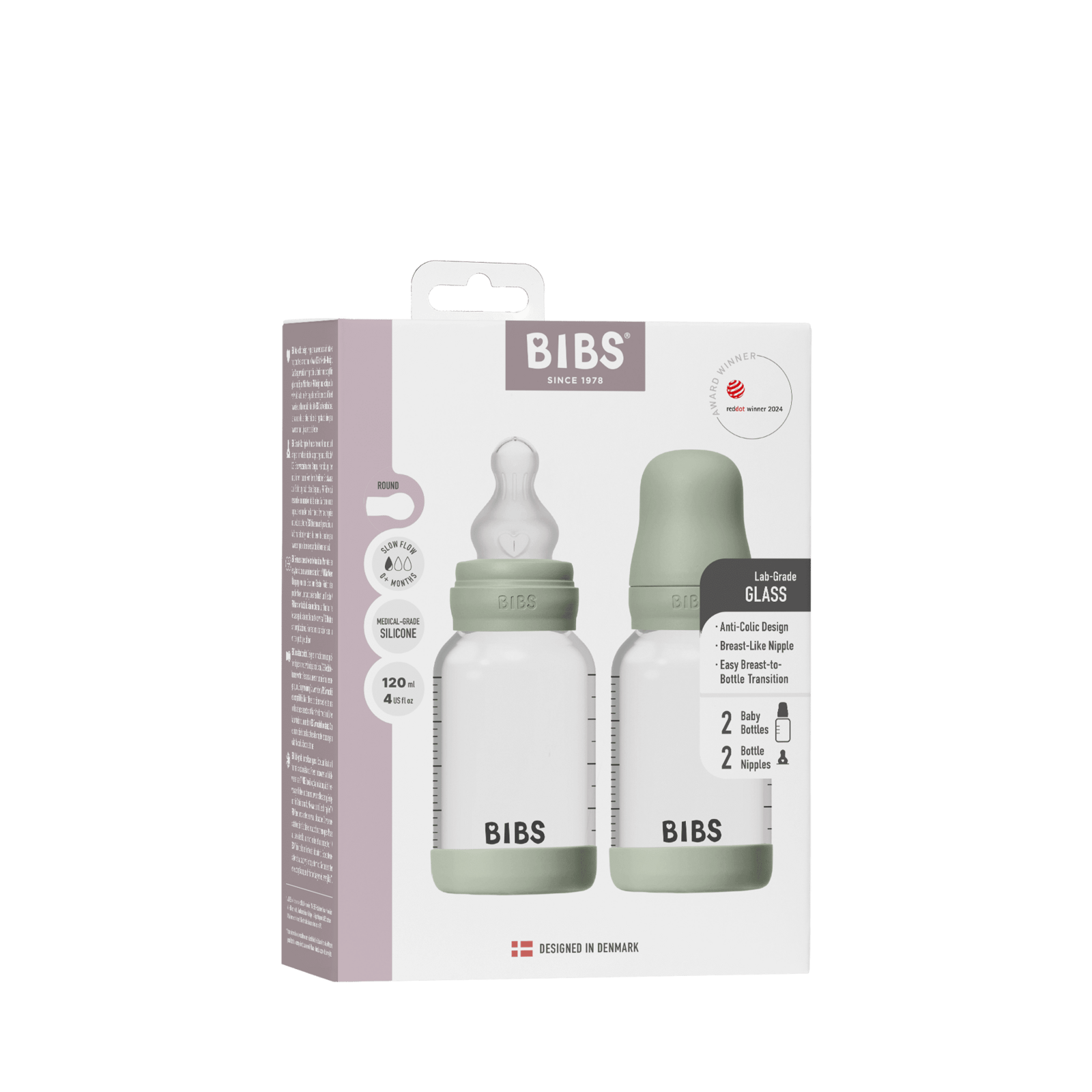 BIBS Glass Baby Bottle Round Silicone Slow Flow Sage 120 ml 2 st