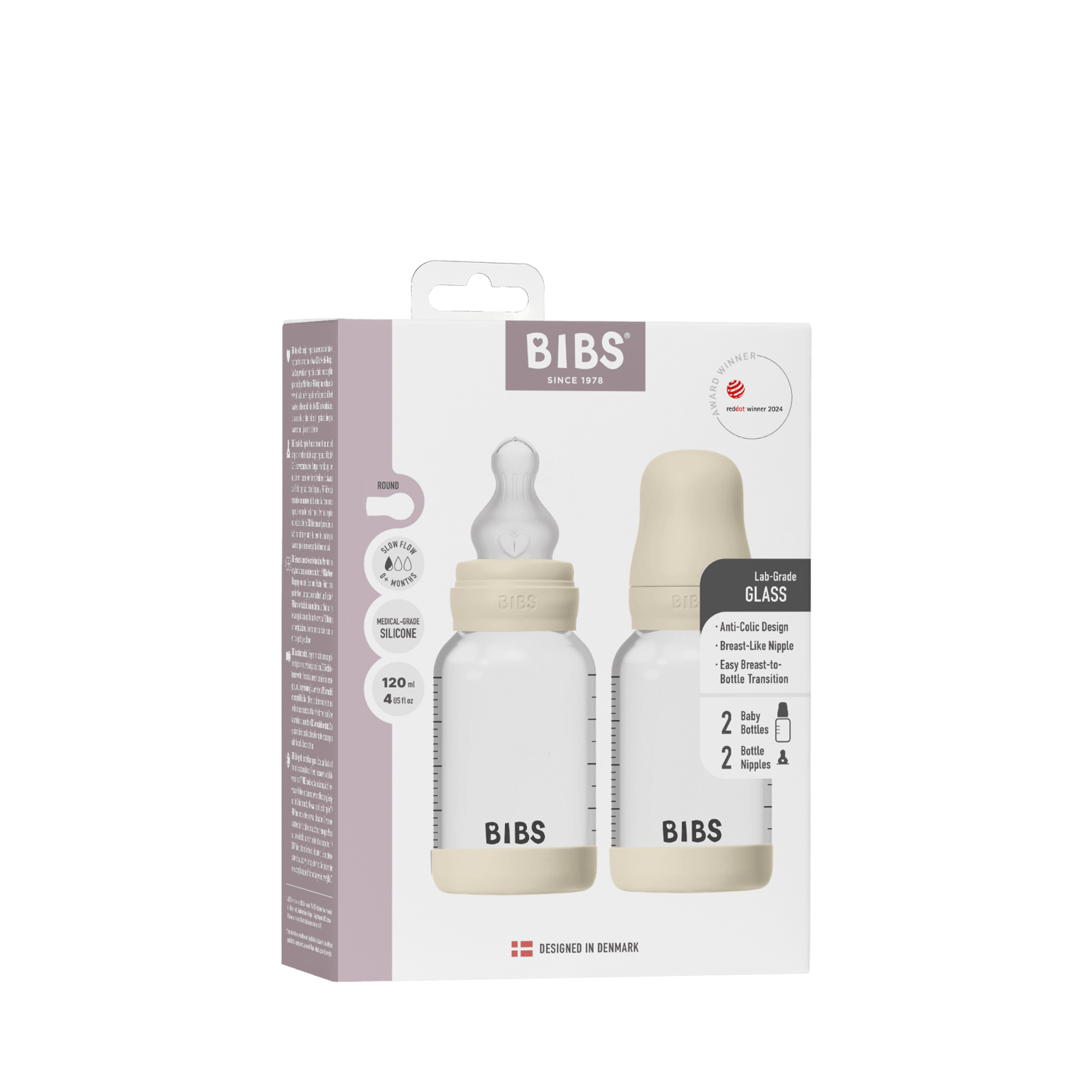 BIBS Glass Baby Bottle Round Silicone Slow Flow Ivory 120 ml 2 st