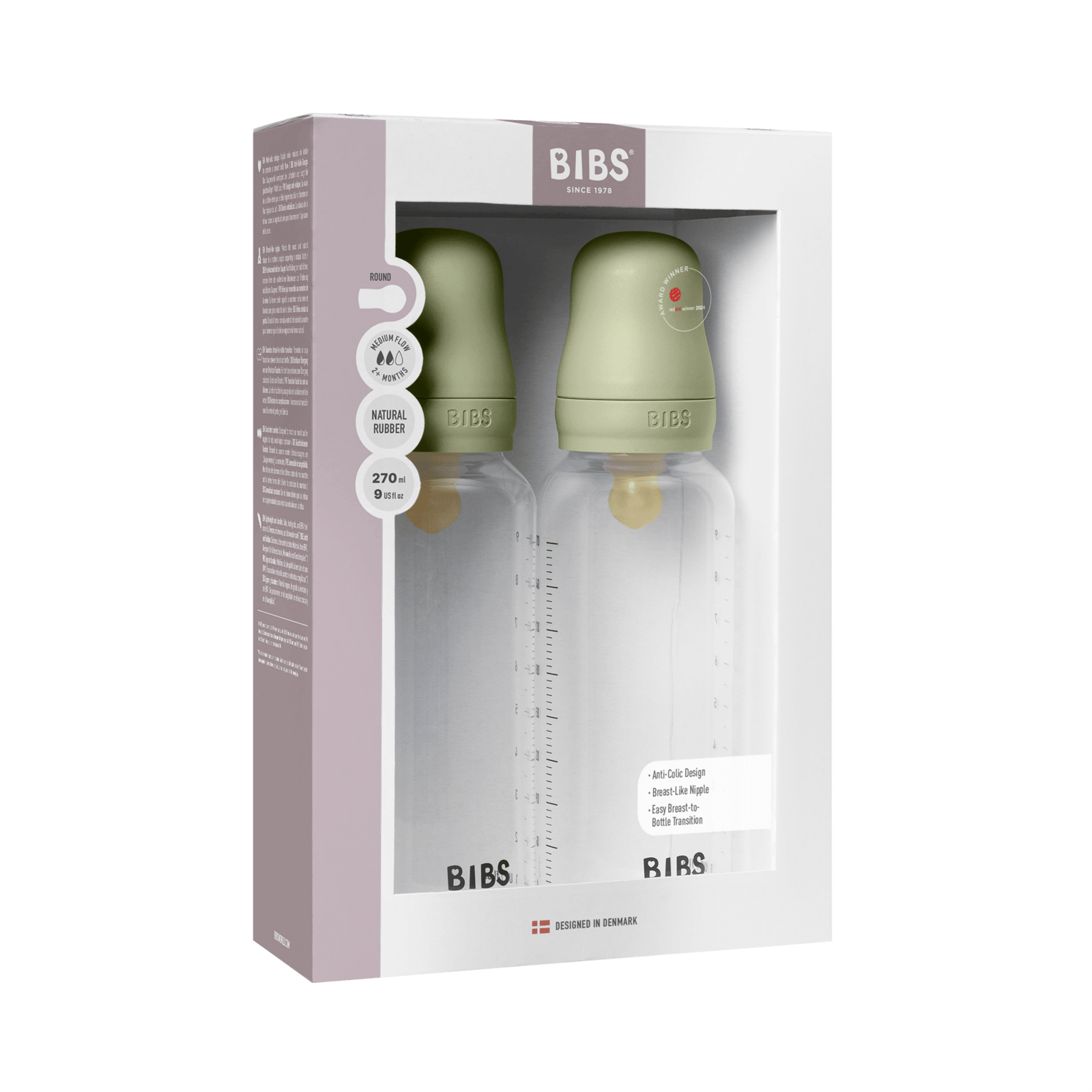 BIBS Baby Bottle Round Latex Medium Flow Sage 270 ml 2 st