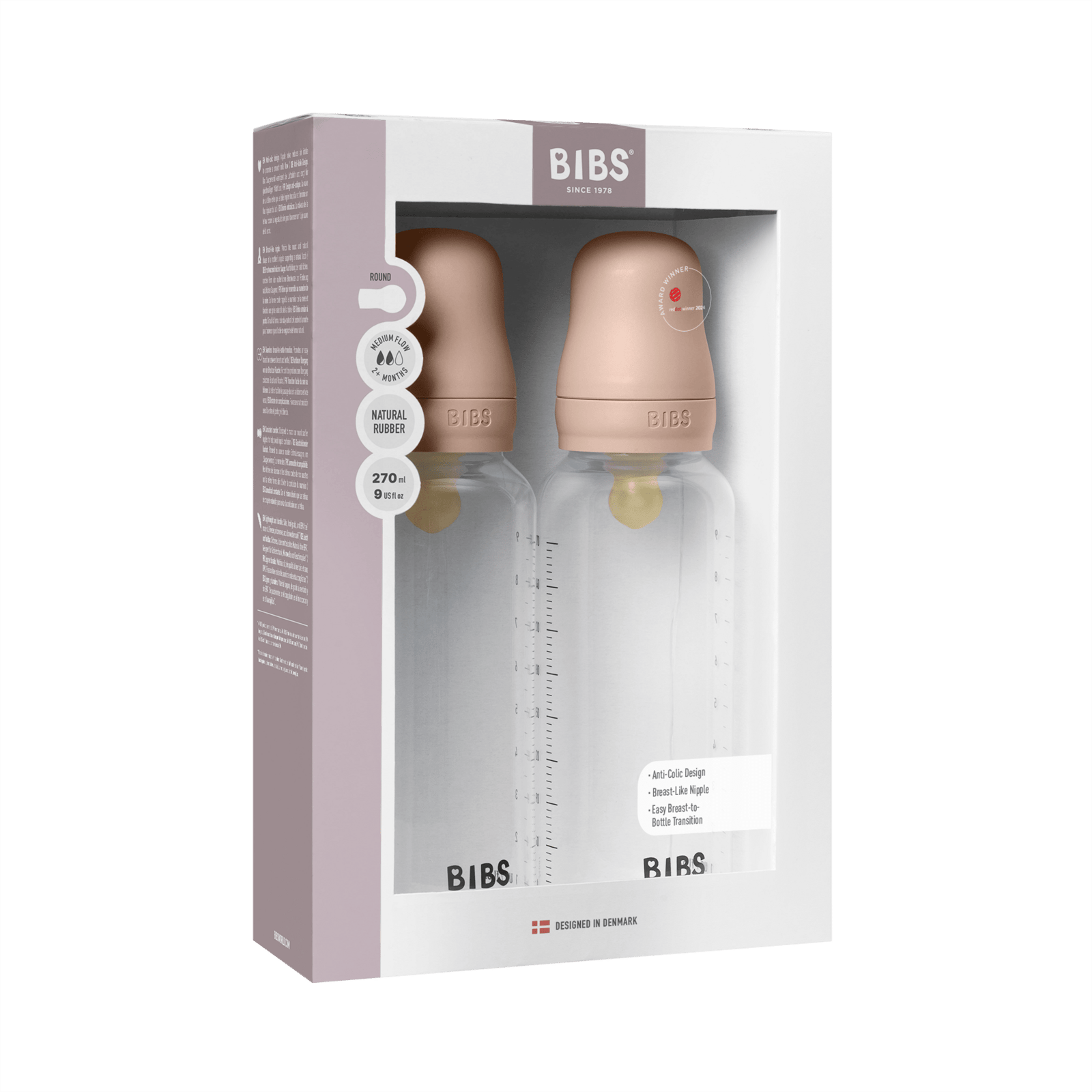 BIBS Baby Bottle Round Latex Medium Flow Blush 270 ml 2 st
