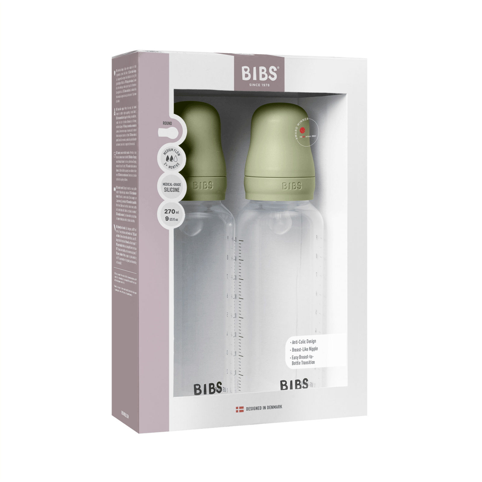 BIBS Baby Bottle Round Silicone Medium Flow Sage 270 ml 2 st