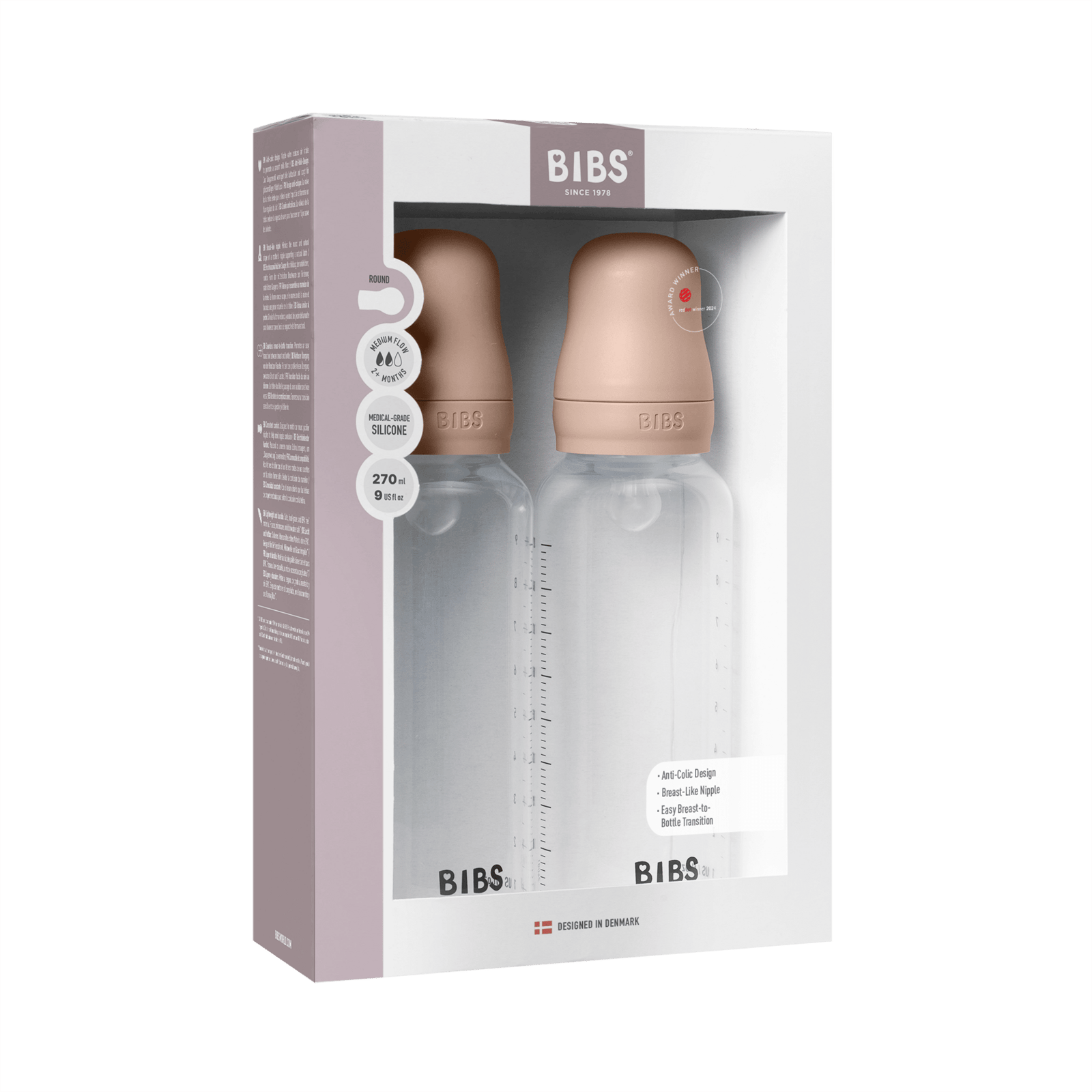 BIBS Baby Bottle Round Silicone Medium Flow Blush 270 ml 2 st