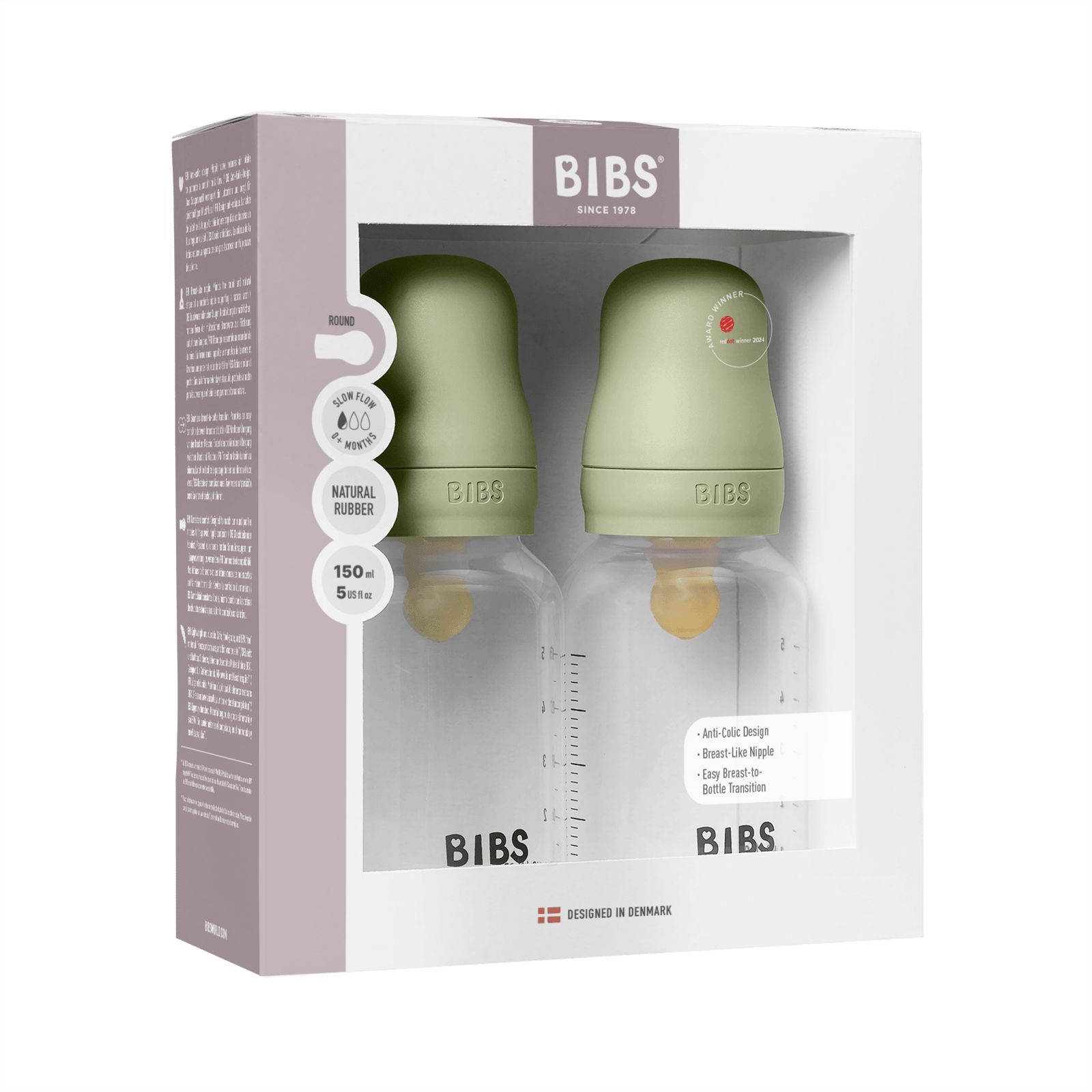 BIBS Baby Bottle Round Latex Slow Flow Sage 150 ml 2 st