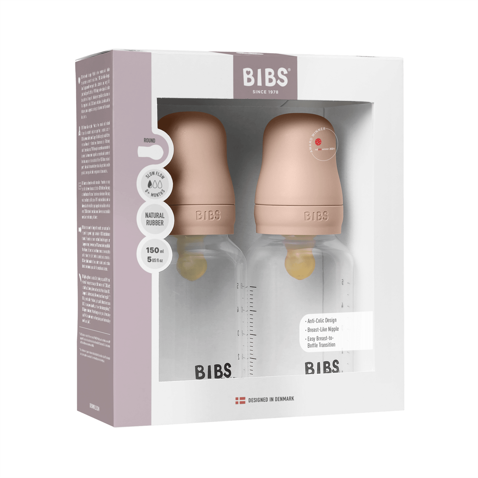 BIBS Baby Bottle Round Latex Slow Flow Blush 150 ml 2 st