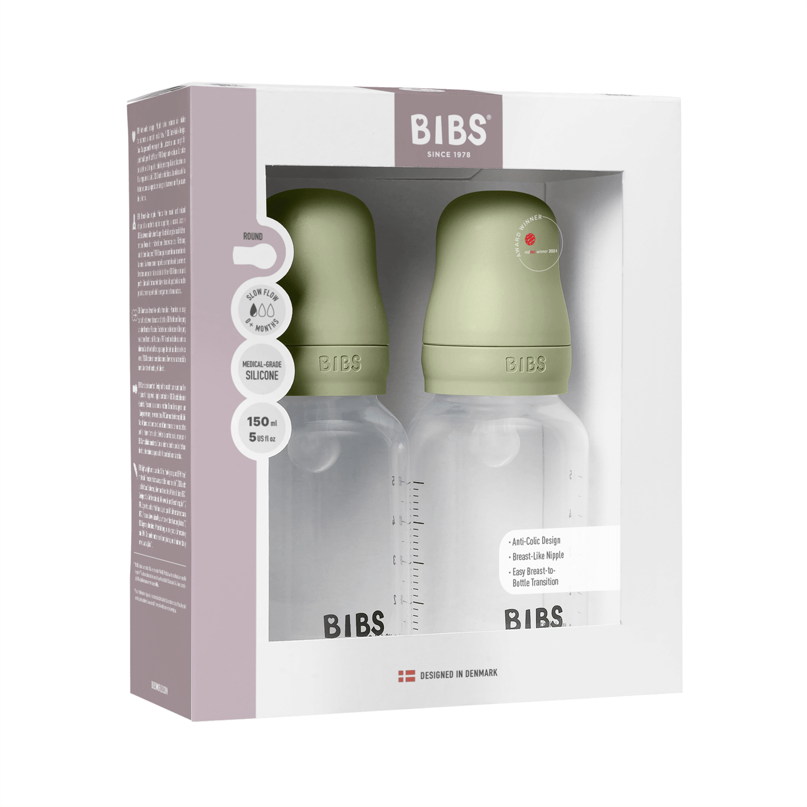 BIBS Baby Bottle Round Silicone Slow Flow Sage 150 ml 2 st