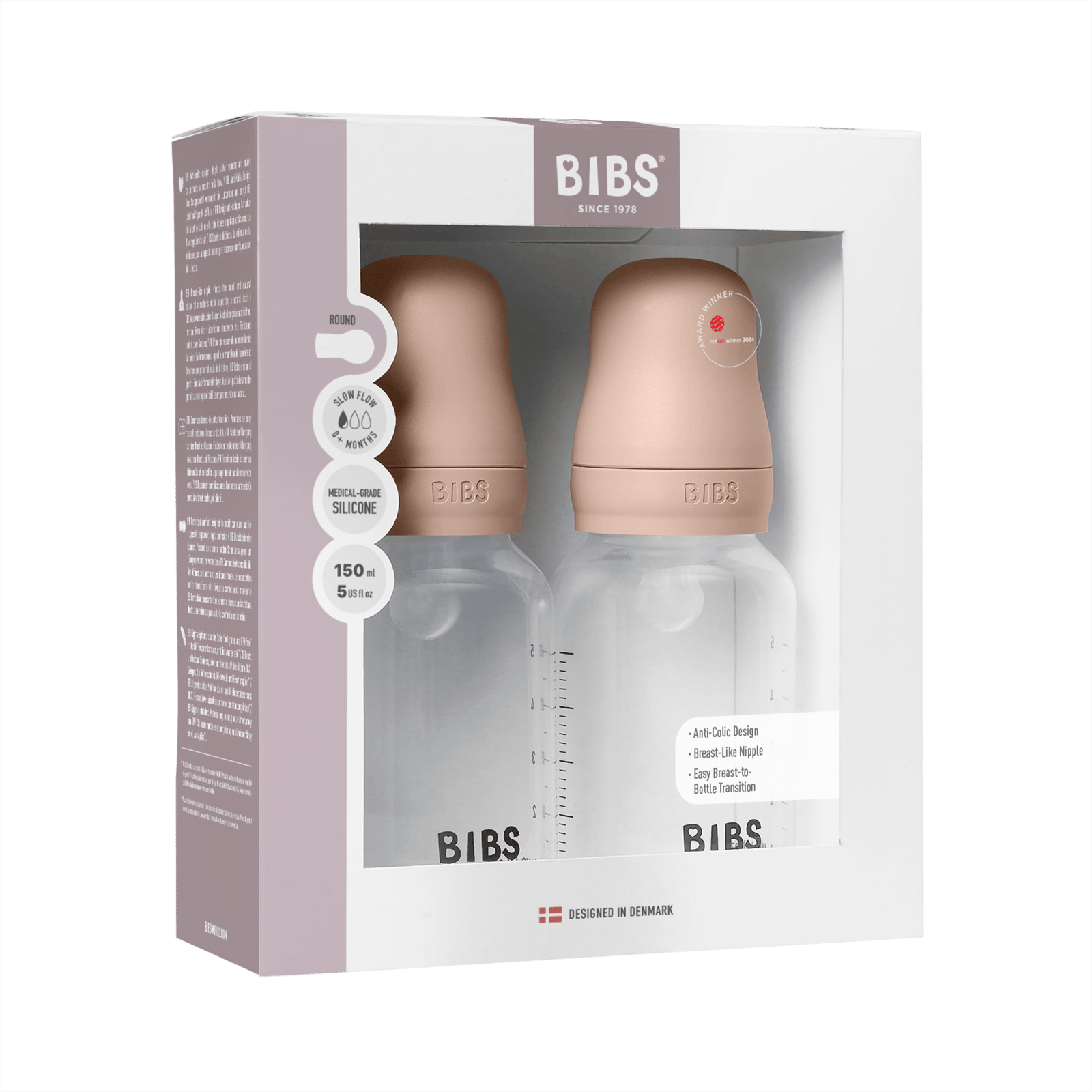 BIBS Baby Bottle Round Silicone Slow Flow Blush 150 ml 2 st