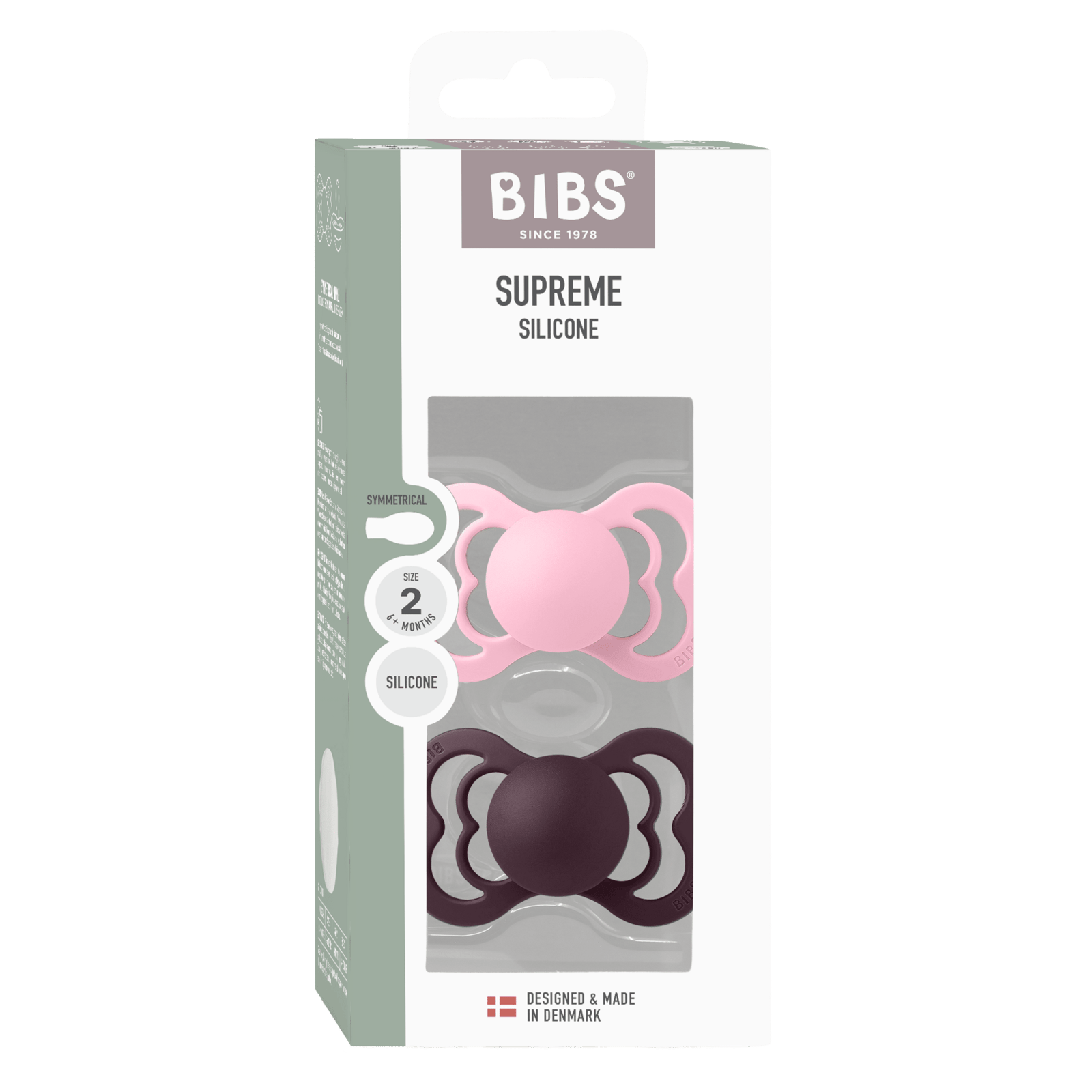 BIBS Pacifier Supreme Silicone Size 2 Baby Pink/Plum 2 st