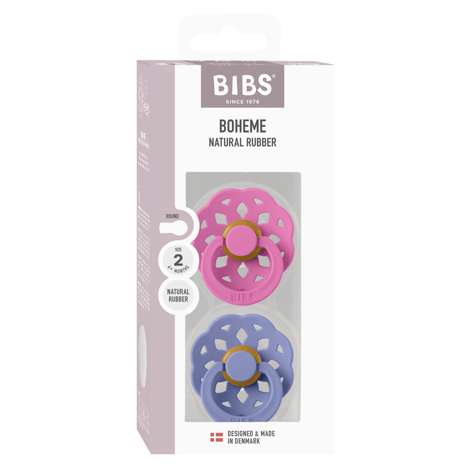 BIBS Pacifier Boheme Latex 6+ månader Size 2 Bubblegum/Peri 2 st
