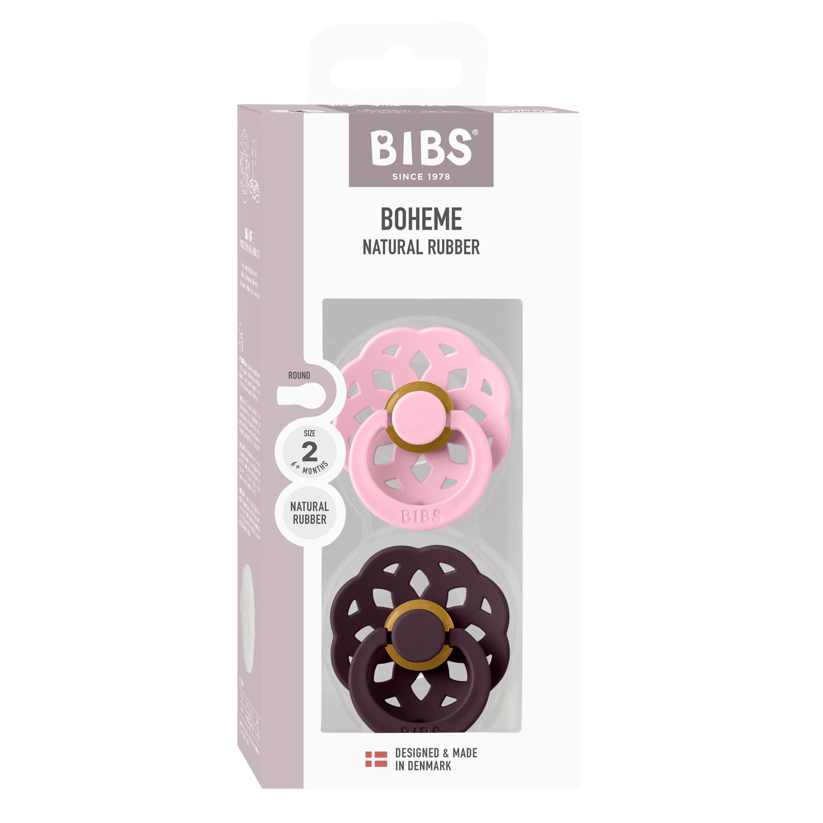 BIBS Pacifier Boheme 2 PACK Latex 6+ månader Size 2 Baby Pink/Plum
