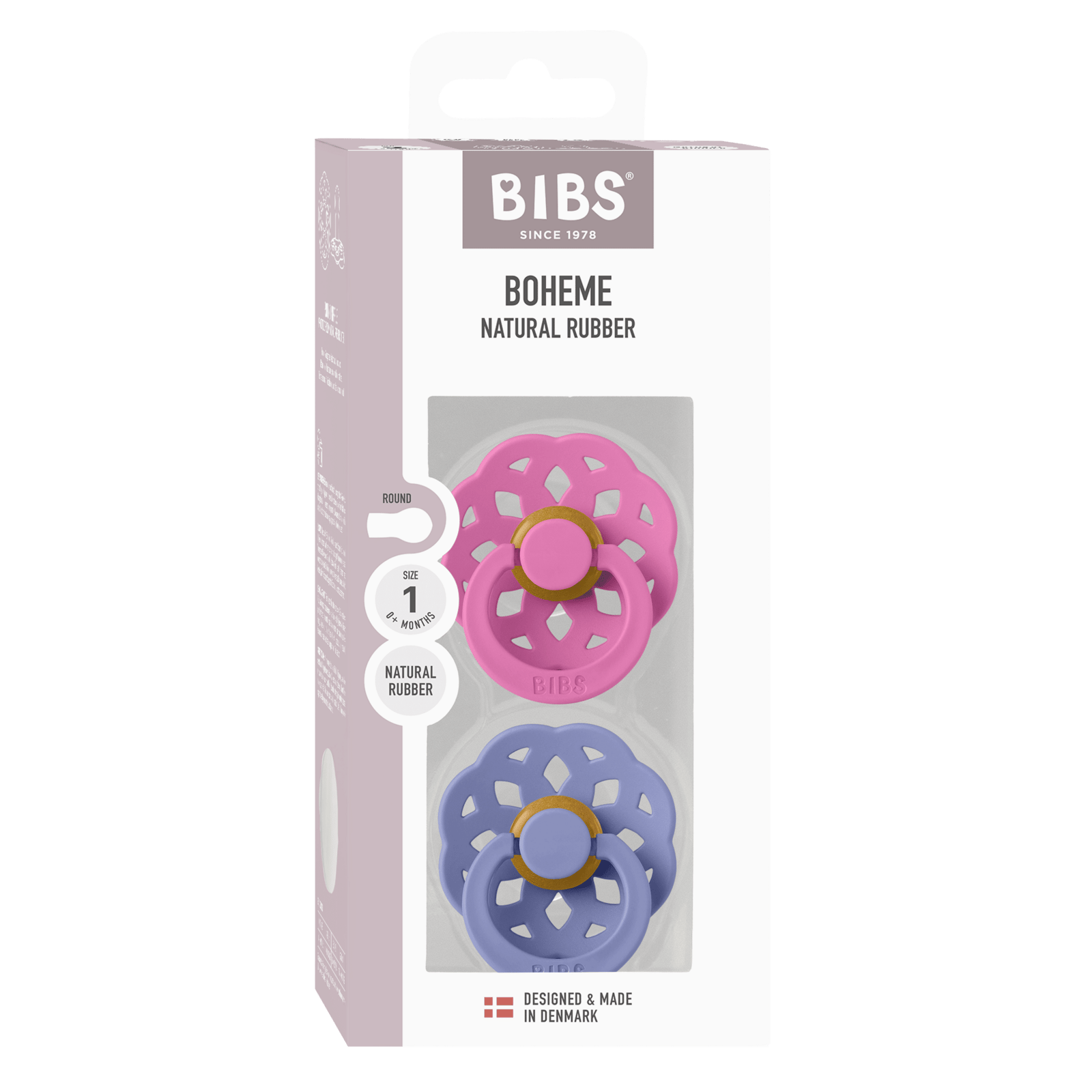 BIBS Pacifier Boheme Latex 0+ månader Size 1 Bubblegum/Peri 2 st