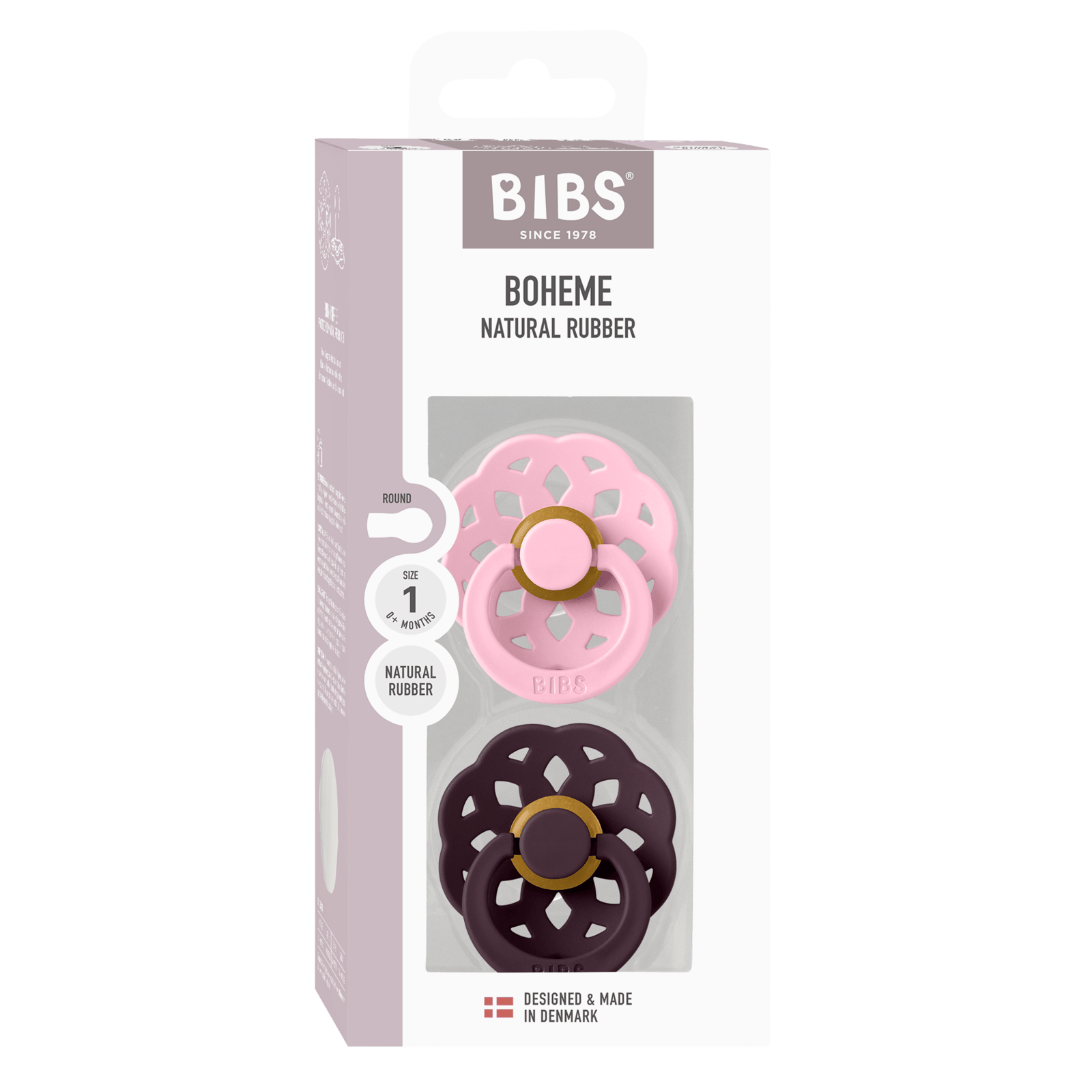 BIBS Pacifier Boheme 2 PACK Latex 0+ månader Size 1 Baby Pink/Plum