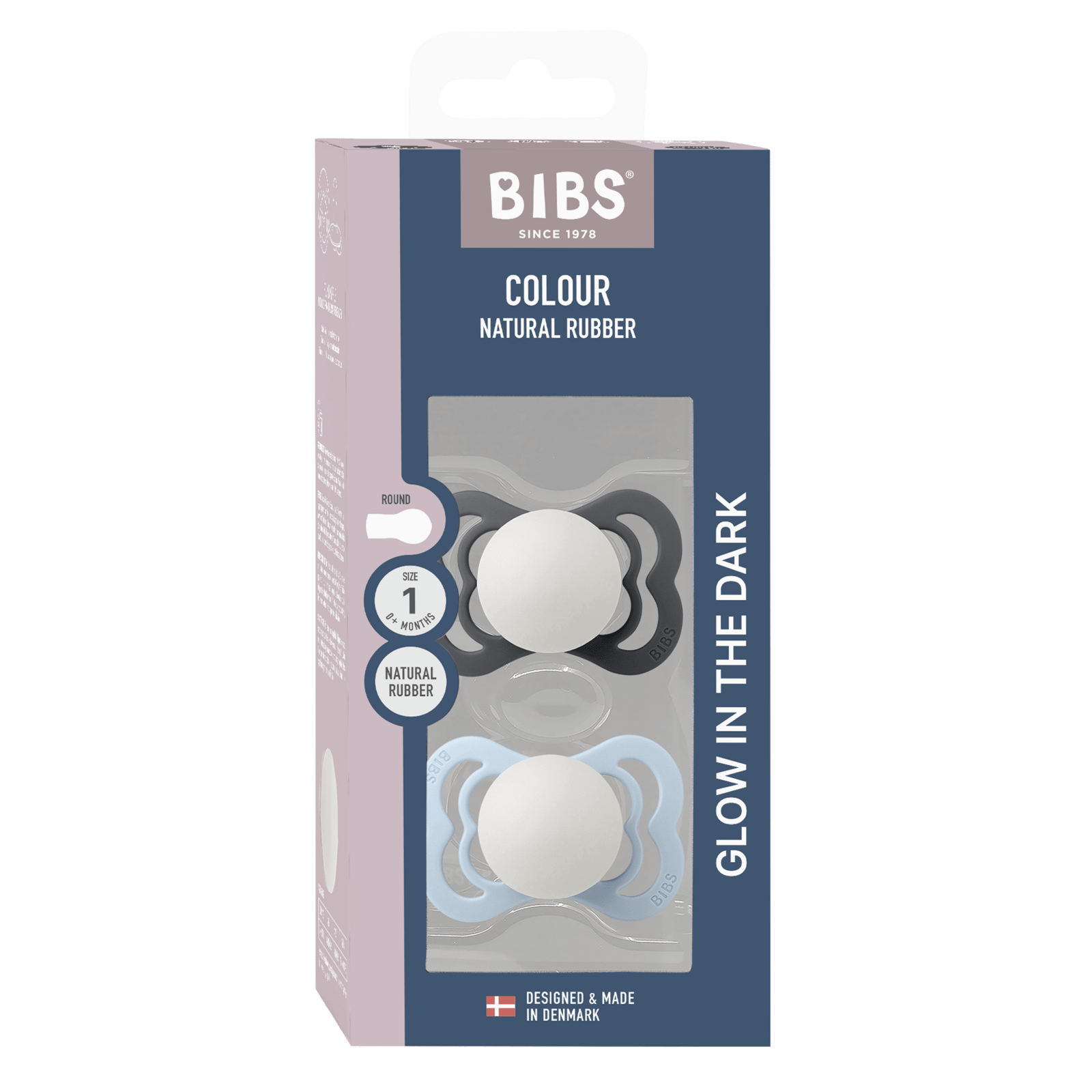 BIBS Pacifier Supreme Silicone Size 1 Iron Glow/Baby Blue Glow 2 st