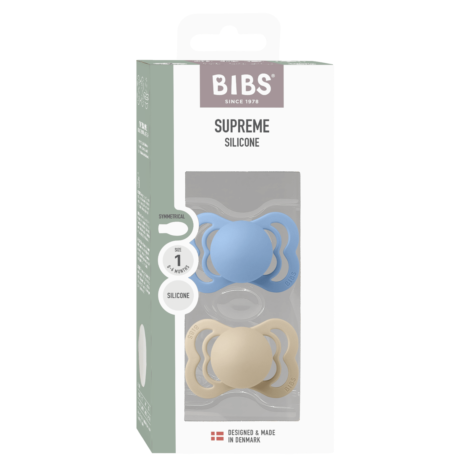 BIBS Pacifier Supreme Silicone Size 1 Vanilla/Sky Blue 2 st