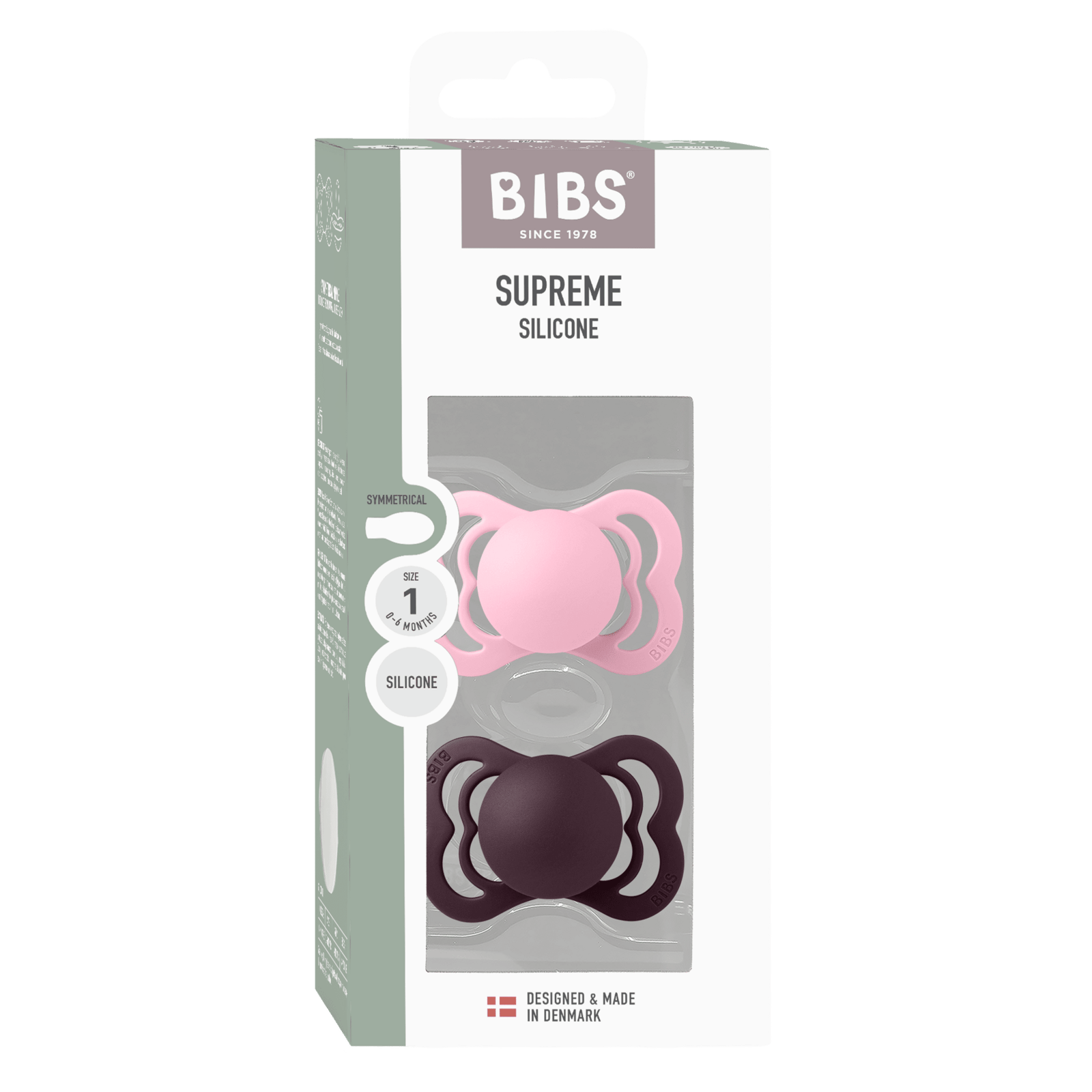 BIBS Pacifier Supreme Silicone Size 1 Baby Pink/Plum 2 st