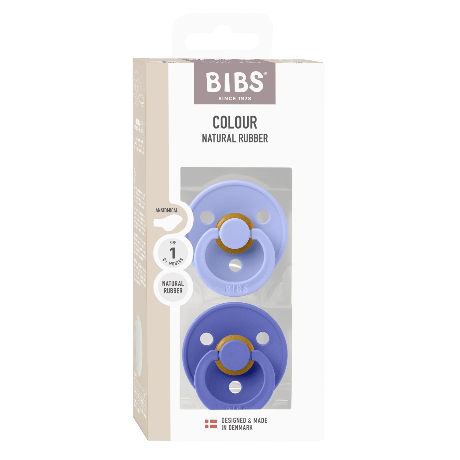 BIBS Pacifier Colour Anatomical Latex 0+ månader Size 1 Hush/Grape 2 st