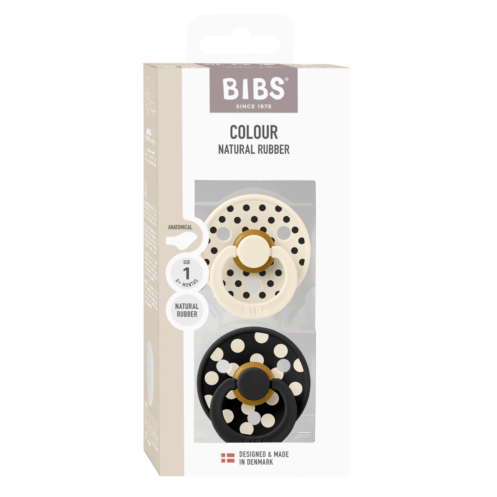 BIBS Pacifier Studio Colour Polka Anatomical Latex Size 1 Ivory/Black 2 st