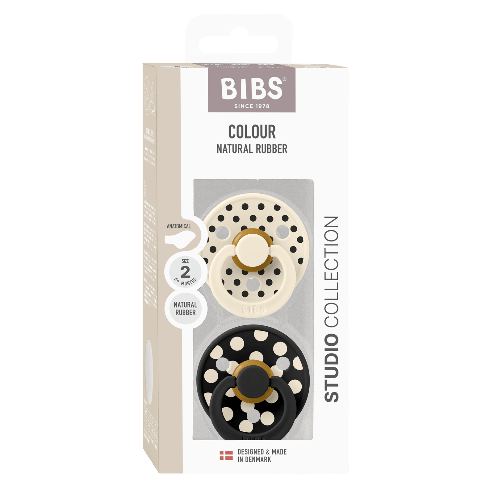 BIBS Pacifier Studio Colour Polka Anatomical Latex Size 2 Ivory/Black 2 st