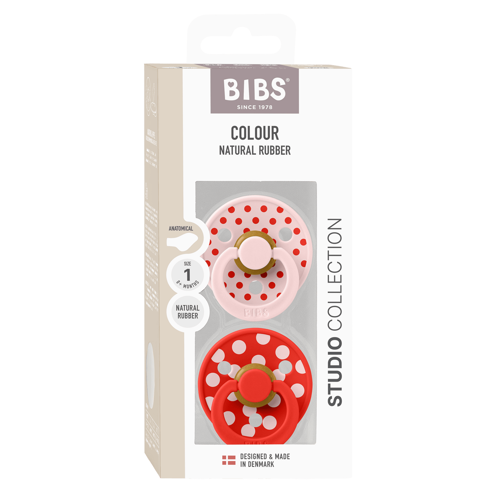 BIBS Pacifier Studio Colour Polka Anatomical Latex Size 1 Blossom/Candy Apple 2 st