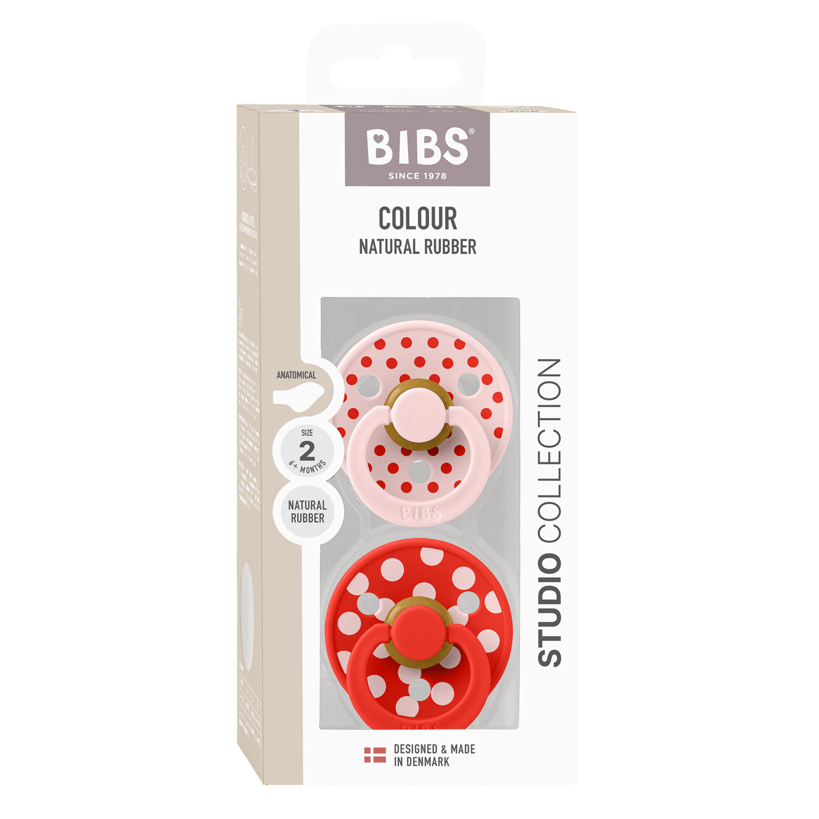 BIBS Pacifier Studio Colour Polka Anatomical Latex Size 2 Blossom/Candy Apple 2 st
