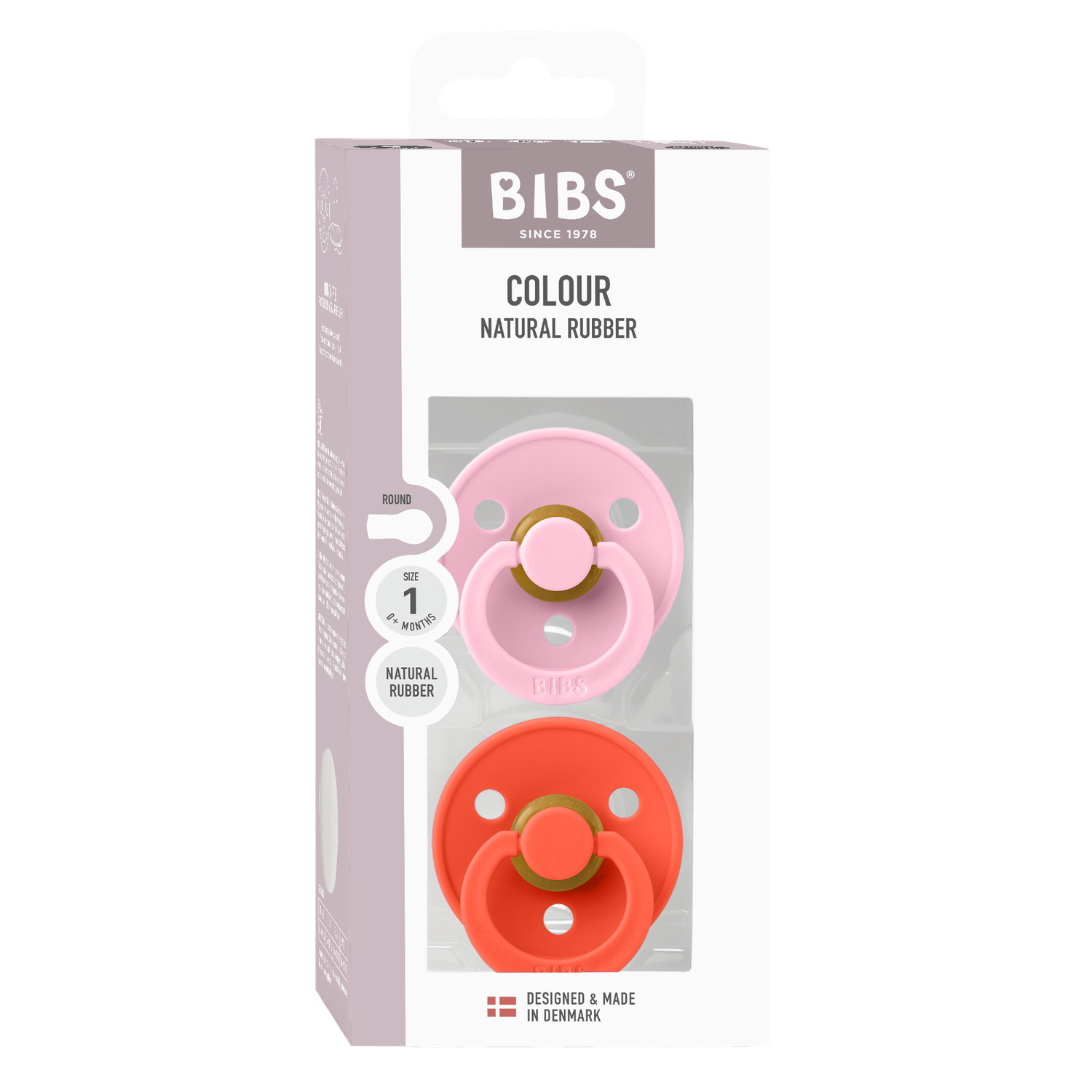 BIBS Pacifier Colour 2 PACK Latex Size 1 Baby Pink/Tango