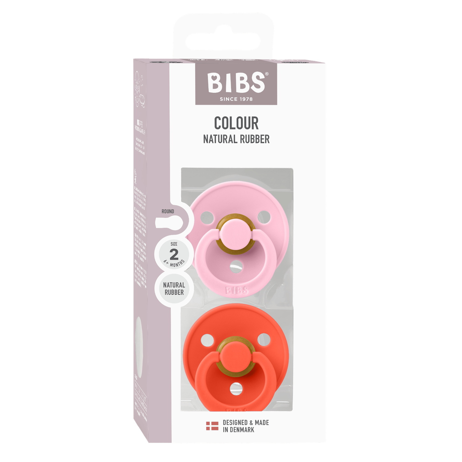 BIBS Pacifier Colour 2 PACK Latex Size 2 Baby Pink/Tango