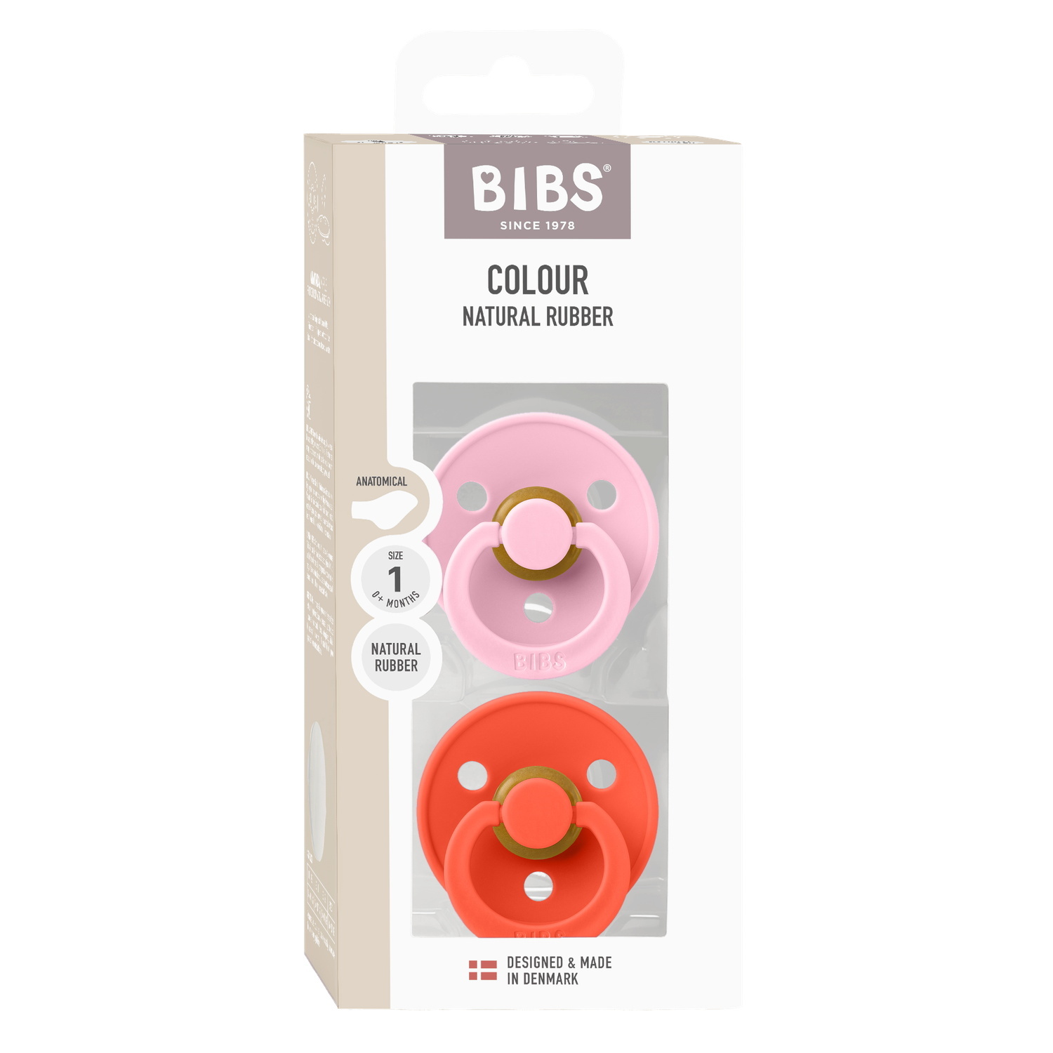 BIBS Pacifier Colour 2 PACK Anatomical Latex Size 1 Baby Pink/Tango