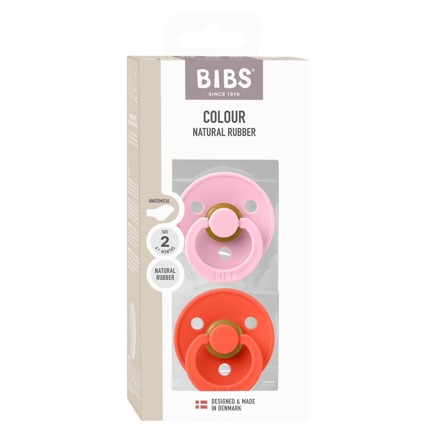 BIBS Pacifier Colour 2 PACK Anatomical Latex Size 2 Baby Pink/Tango