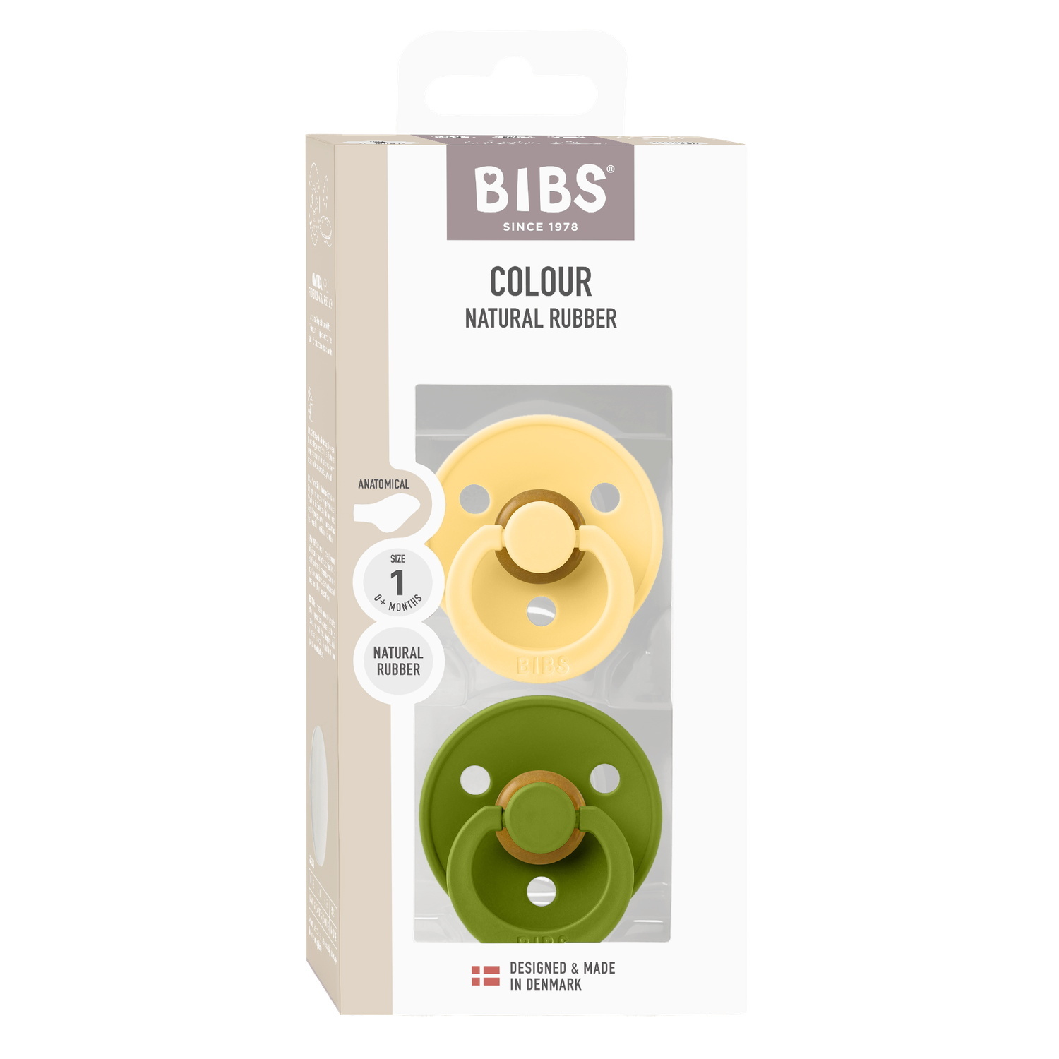 BIBS Pacifier Colour 2 PACK Anatomical Latex Size 1 Pale Butter/Wasabi